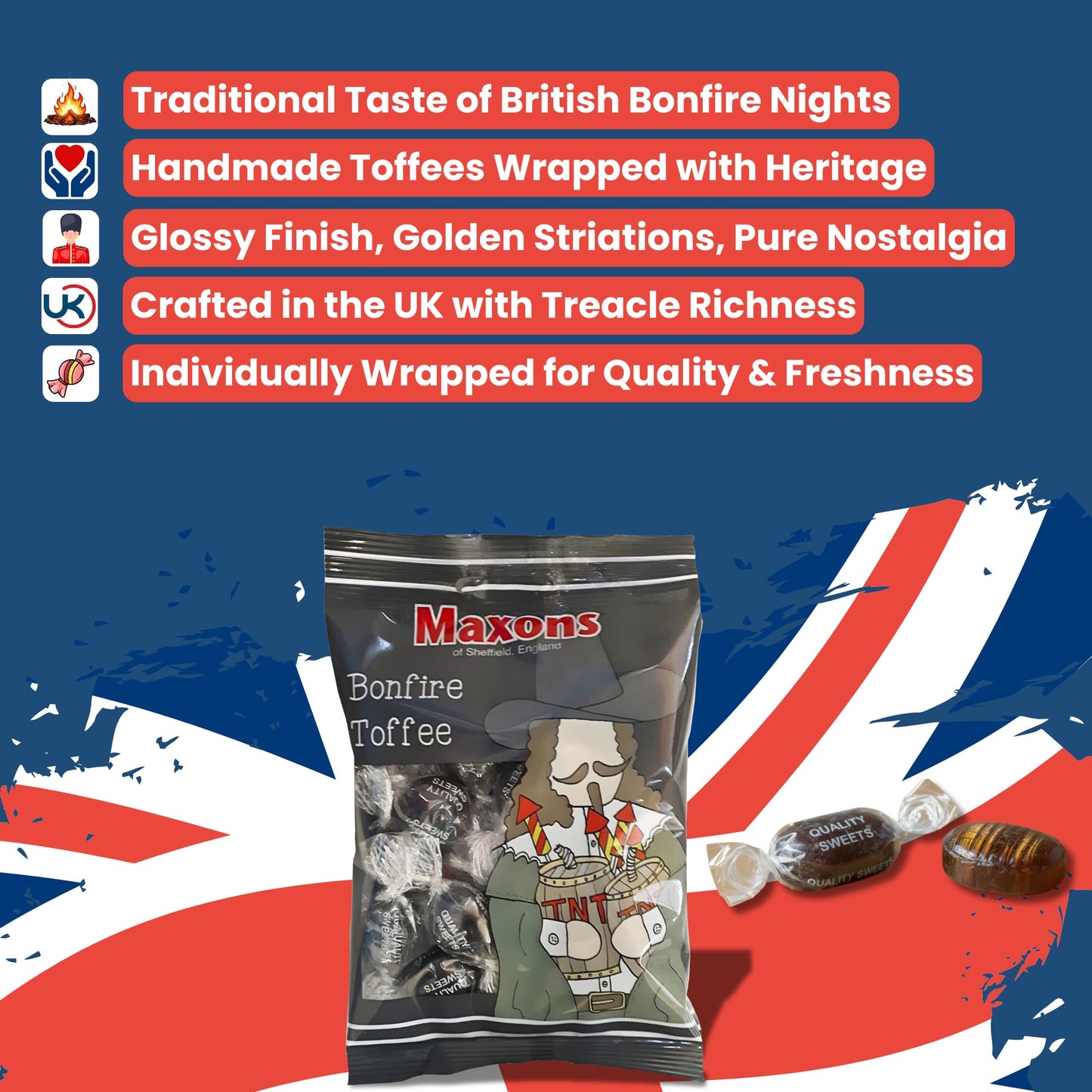 Maxons Bonfire Toffee 4.2 Oz (Pack of 3) Bag - Handmade Treacle Candy Individually Wrapped, Old Fashioned British Candy from England, English Hard