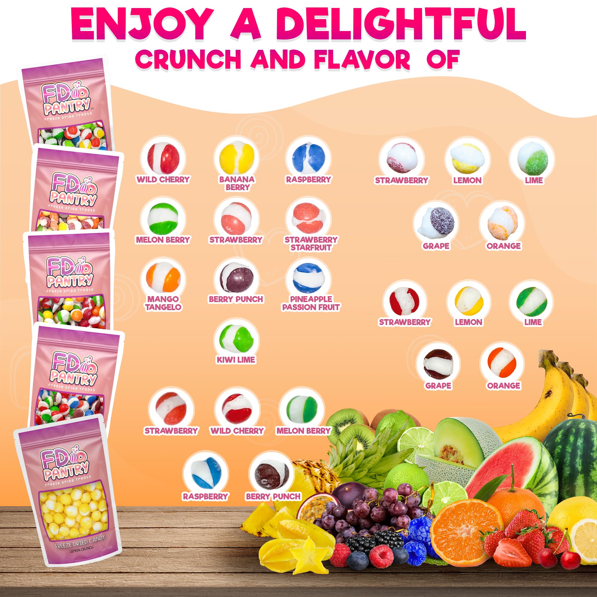 Freeze Dried Candy Variety Pack, Fruit Crunch, 4 oz (5 Pack), Original, Wildberry, Sour, Tropical, Lemon, Assorted Combo, Gift Bag