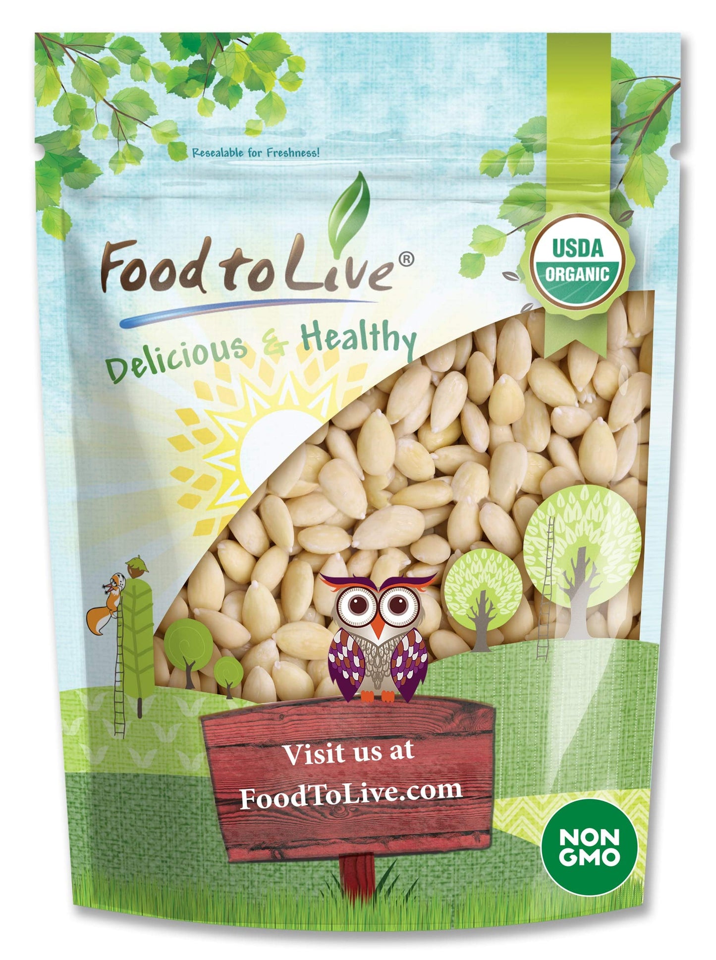 Food to Live Organic Blanched Whole Almonds, 1.5 Pounds - Non-GMO, Raw, Unpasteurized, Unsalted, Keto, Paleo, Kosher, Bulk, High in Protein, Dietary