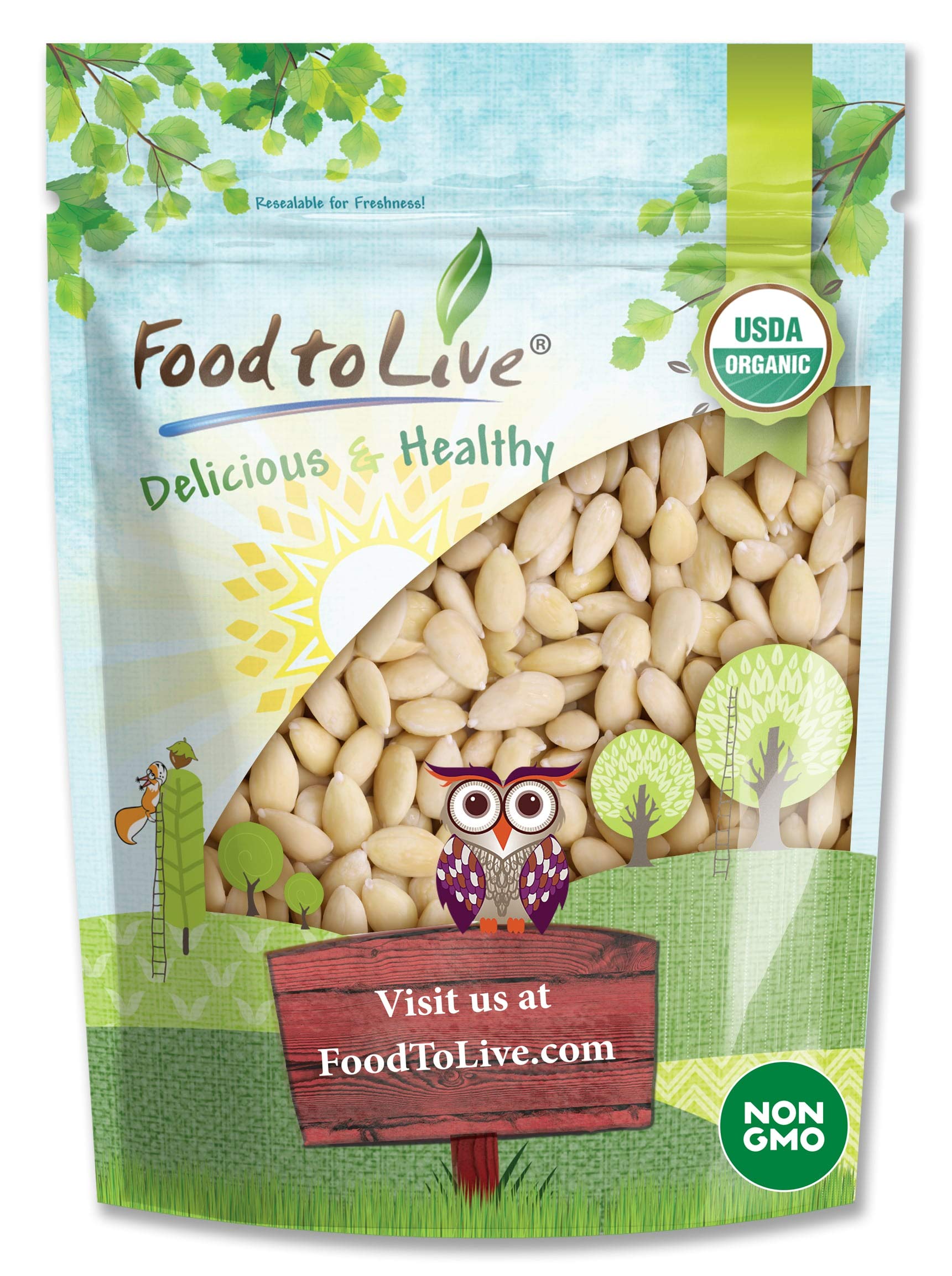 Food to Live Organic Blanched Whole Almonds, 1.5 Pounds - Non-GMO, Raw, Unpasteurized, Unsalted, Keto, Paleo, Kosher, Bulk, High in Protein, Dietary