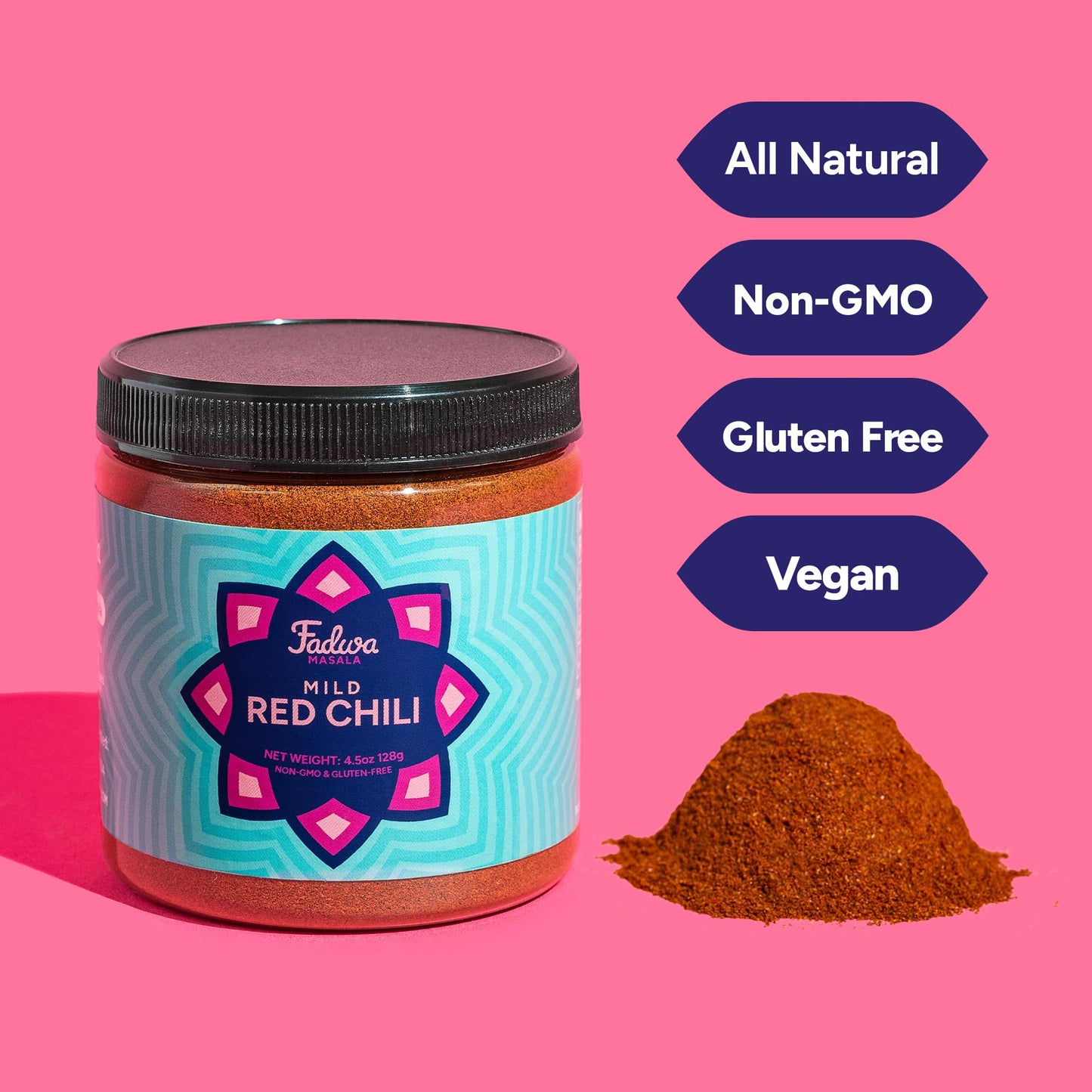 Fadwa Masala Mild Red Chili Powder - 4.5 oz Jar, Salt & Sugar Free, Non-Spicy Authentic Desi Spices for Pakistani & Indian Cooking - No Artificial