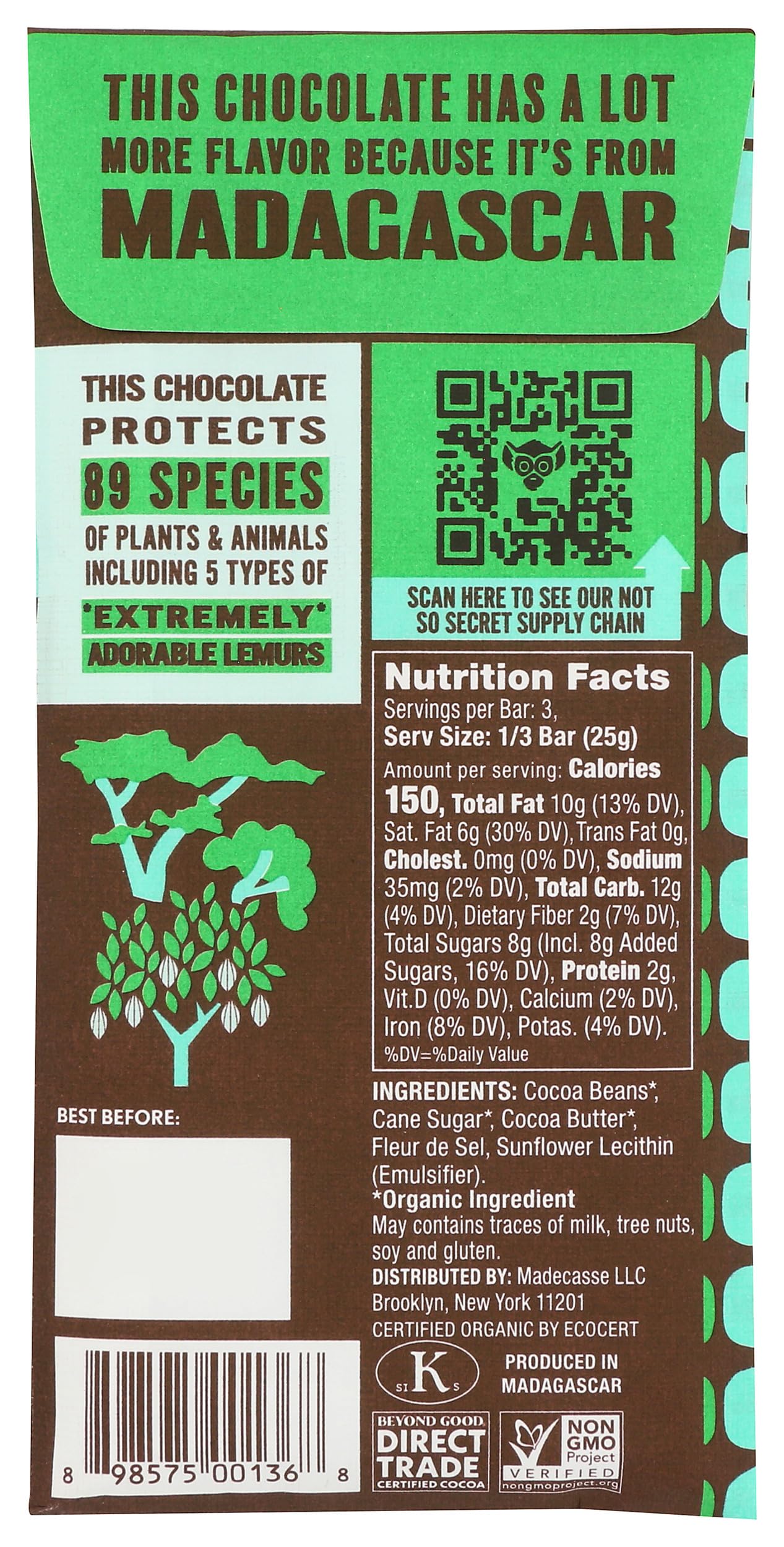 Madecasse Sea Salt and Nib Chocolate Bar, 2.64 Ounce -- 10 per case.