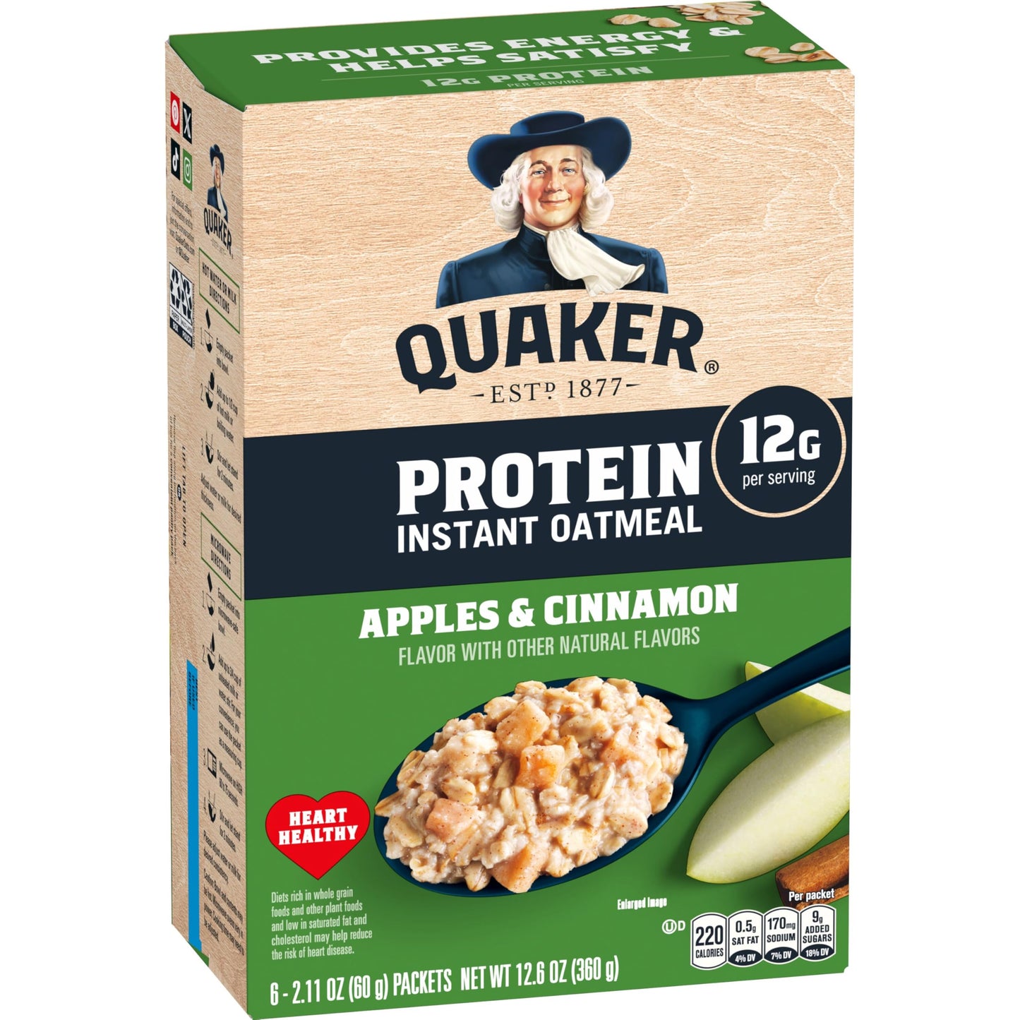 Quaker Protein Instant Oatmeal, Apple Cinnamon, 12g Protein per Serving, Whole Grains, No Artificial Flavors, No Added Colors, 2.11 oz Packets, (6
