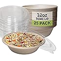 [25 Pack] 32 oz Round Disposable Compostable Paper Bowls with Dome Lids Heavy-Duty, Eco-Friendly Natural Bagasse Unbleached, Heat Resistant, 100%