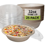 [25 Pack] 32 oz Round Disposable Compostable Paper Bowls with Dome Lids Heavy-Duty, Eco-Friendly Natural Bagasse Unbleached, Heat Resistant, 100%