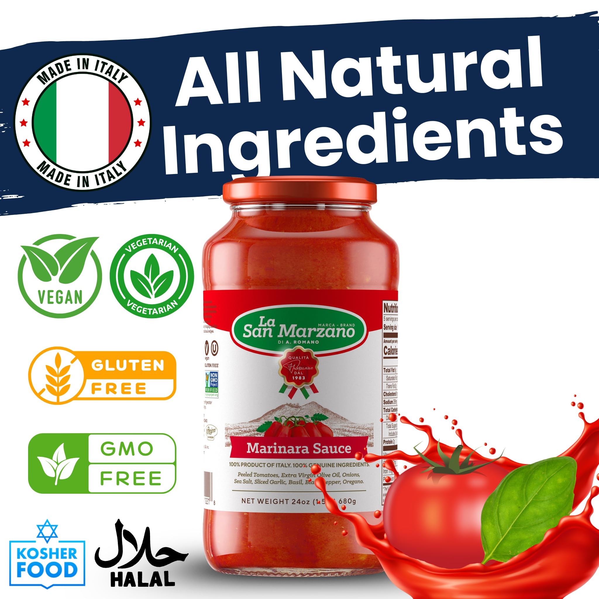 La San Marzano Marinara Sauce, 24 oz, Pasta Sauce Made in Italy, All Purpose Tomato Premium Quality, All Natural, Mediterranean Diet, Non GMO, Vegan