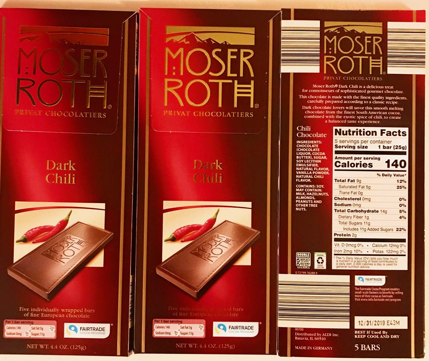 Moser Premium Fine German Chili / Dark Chocolate Bars.(3 Pack) by Moser Roth