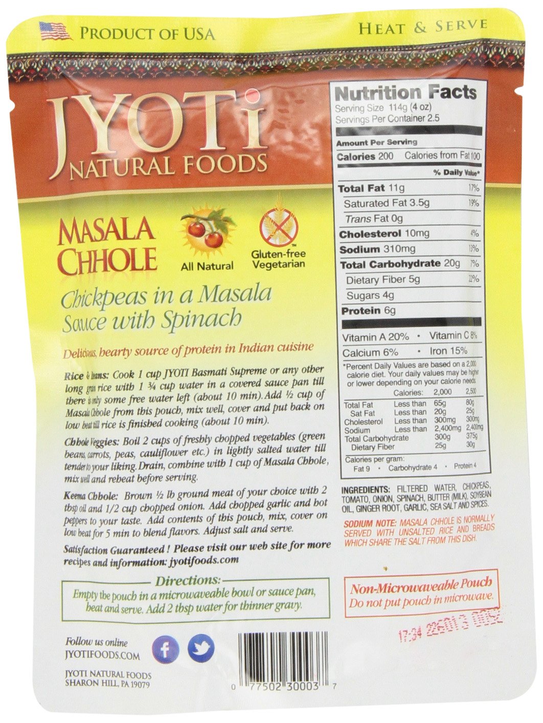 Jyoti Masala Chhole, 6 pouches of 10 oz each, All Natural, Product of USA, Gluten Free, Vegan, NON GMO, BPA Free, Halal