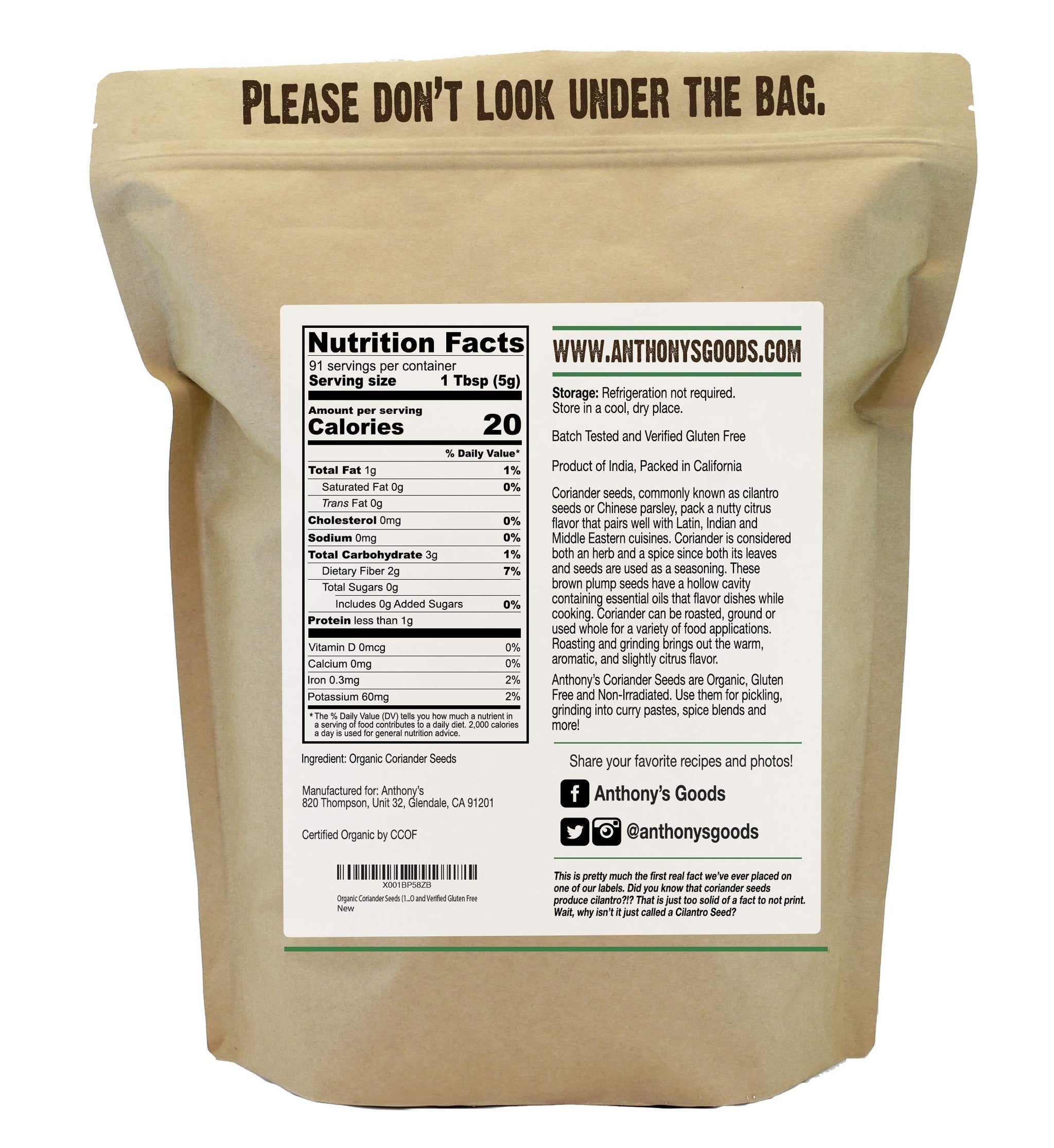 Anthony's Organic Coriander Seeds, 1 lb, Gluten Free, Non GMO, Non Irradiated, Keto Friendly