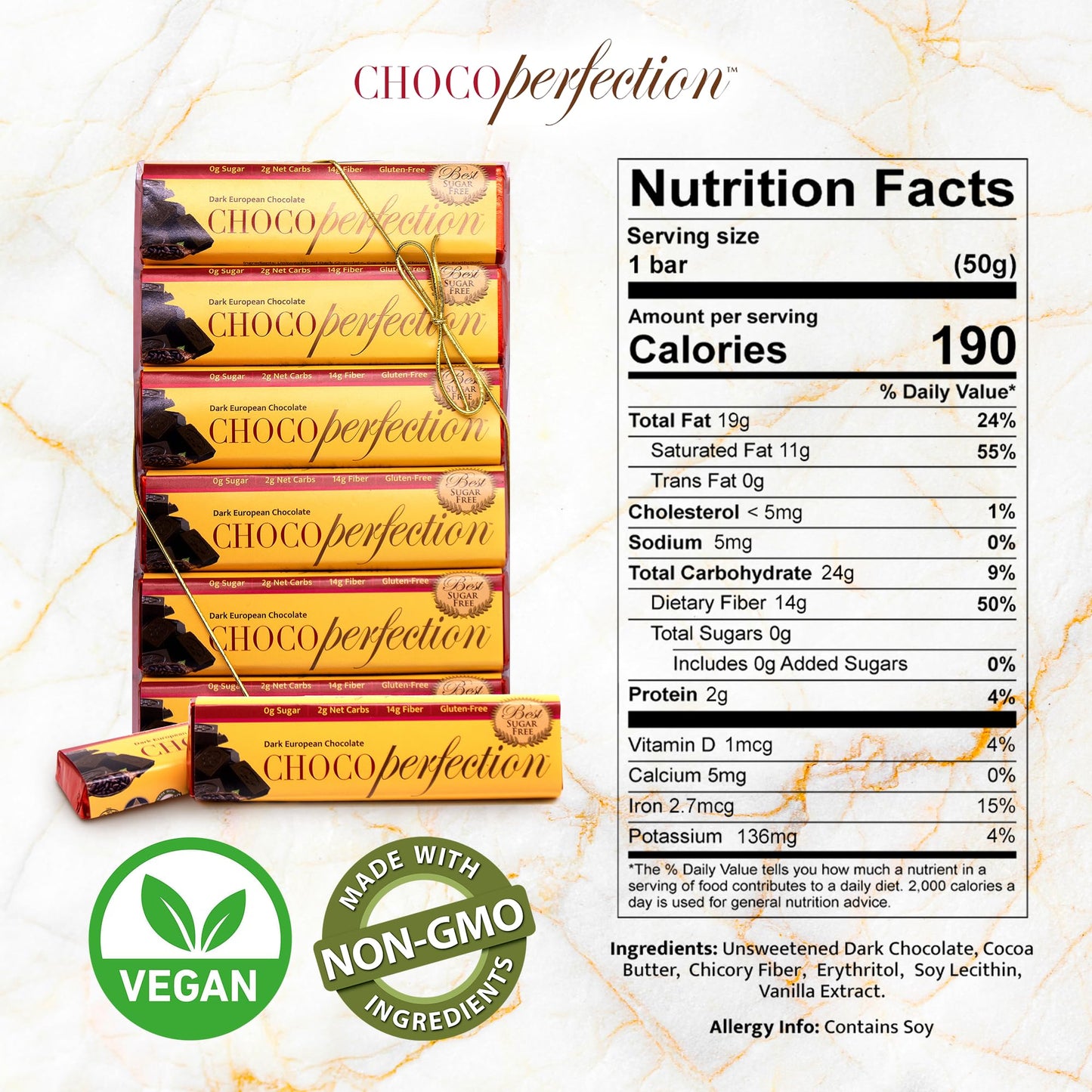 ChocoPerfection Sugar Free Dark Chocolate Bars - European Style Chocolate Keto Friendly, Gluten Free Vegan, Fiber Rich Low Carb Chocolate Snack Bars