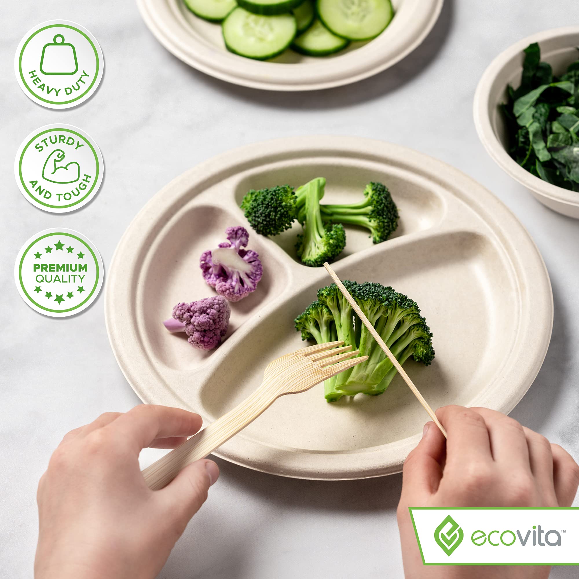 Ecovita 100% Compostable Paper Plates [9 in.] COMPARTMENTS - 150 Disposable Plates Eco Friendly Sturdy Tree Free Liquid and Heat Resistant Alternative