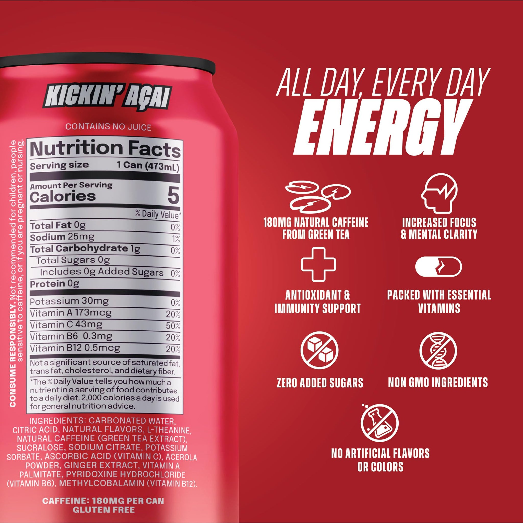 LICK Energy Drink - Kickin' Acai, Zero Sugar, No Crash, Green Tea Caffeine (180mg), with Antioxidants and Vitamins A, B6, B12, and C 16oz (12pk)