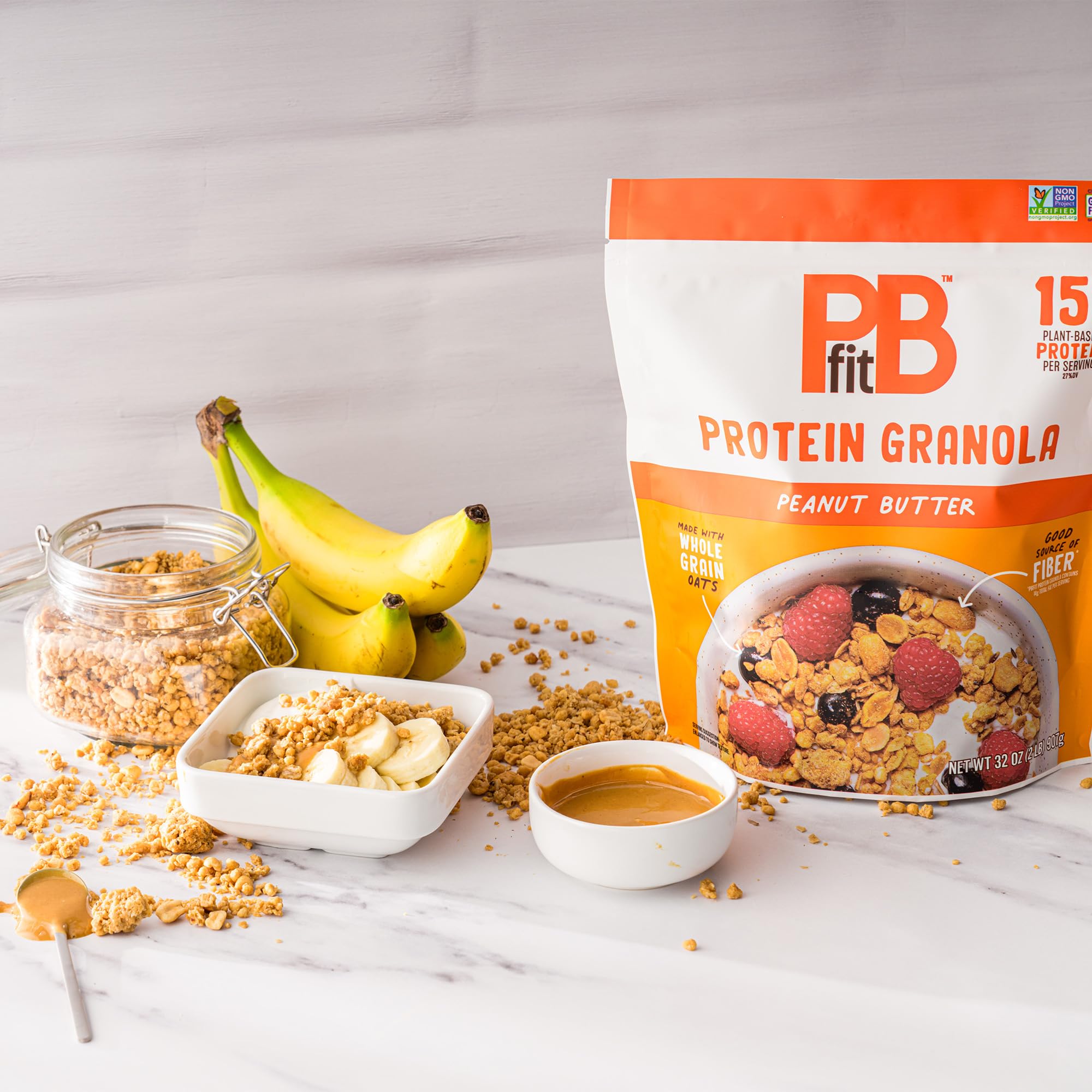 PBfit Peanut Butter Protein Granola, 15g Plant-Based Protein 22% DV, Made with Whole Grain Oats and Chia Seeds, Gluten Free, for Snacks Cereals