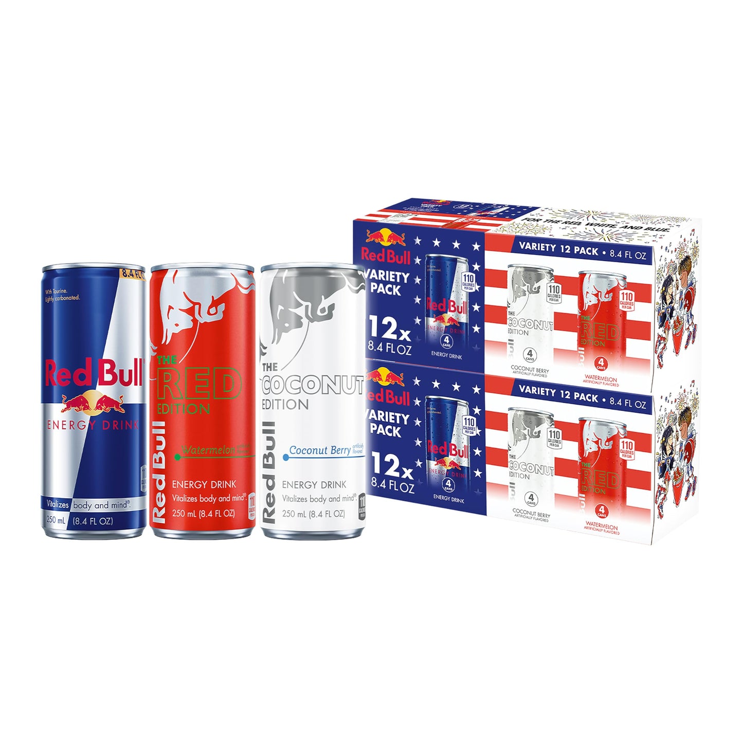 Red Bull Summer Celebration Variety Pack, Red Bull Energy Drink, The Red Edition, The White Edition, 8.4 Fl Oz (2x12 Pack)