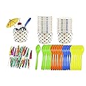 8 Ounce Polka Dot Paper Ice Cream Cups - Plastic Spoons - Paper Umbrellas - Blue Orange Yellow Green - Ice Cream Sunddae Kit for 24