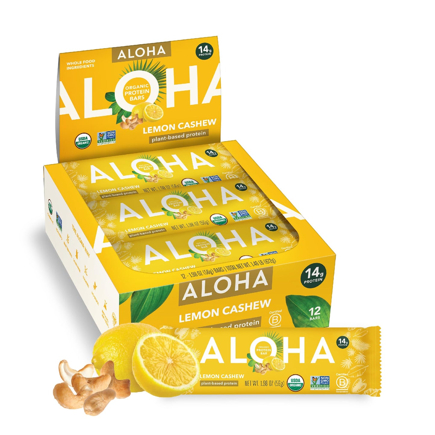 ALOHA Organic Plant Based Protein Bars - Lemon Cashew - 12-Count - Vegan, Low Sugar, Gluten-Free, Paleo, Low Carb, Non-GMO, No Stevia & No Erythritol