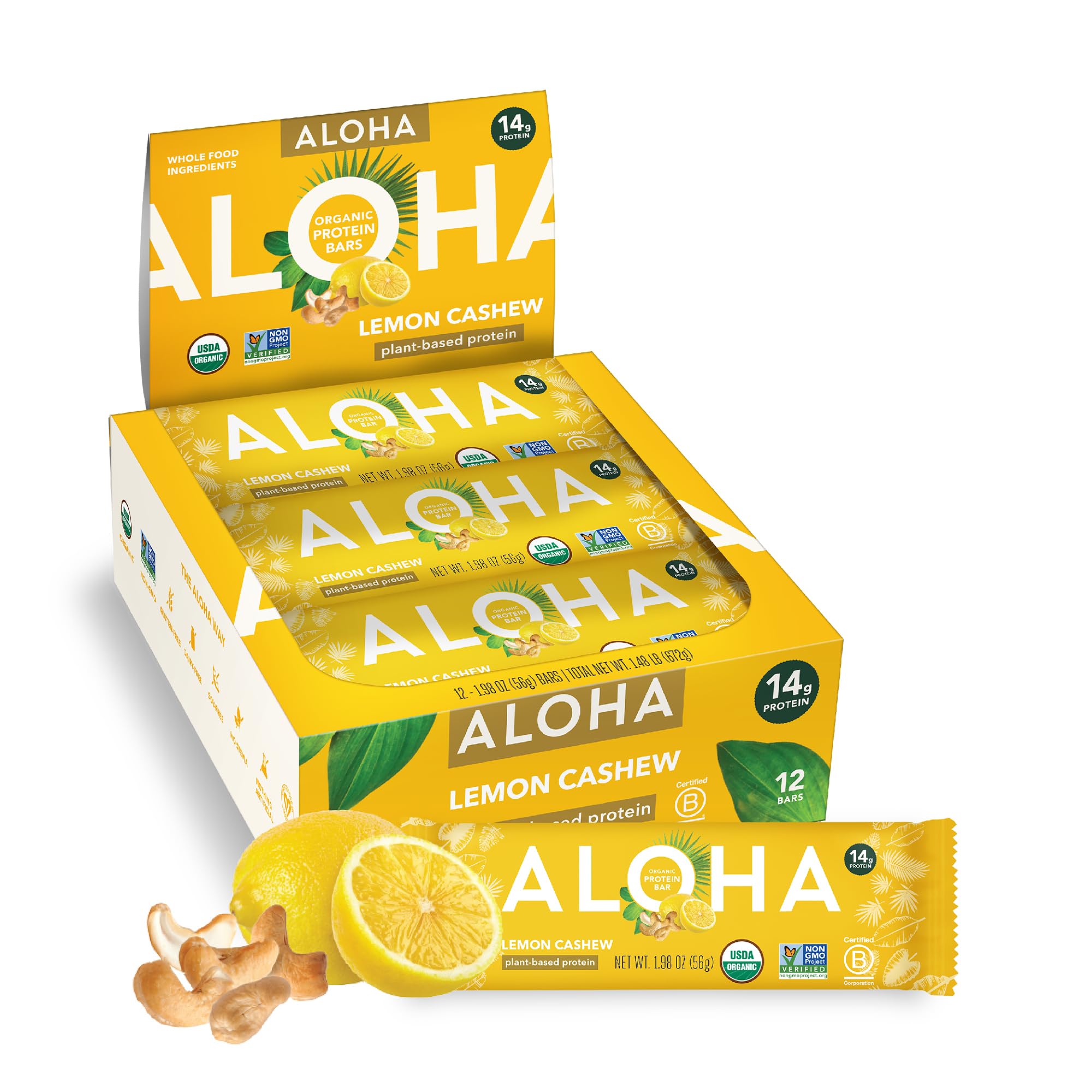 ALOHA Organic Plant Based Protein Bars - Lemon Cashew - 12-Count - Vegan, Low Sugar, Gluten-Free, Paleo, Low Carb, Non-GMO, No Stevia & No Erythritol