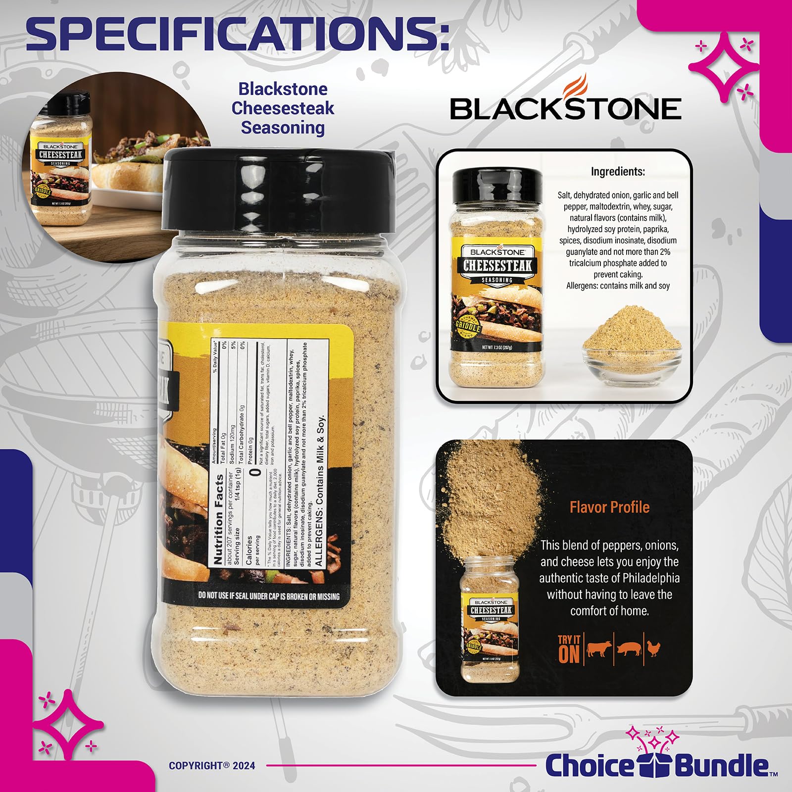 Blackstone Cheesesteak & Whiskey Burger Seasoning - Gourmet Griddle Premium BBQ Barbecue Rub 4 Pk Choice Bundle (33.8 oz) + BBQ Guide & Bottle Opener