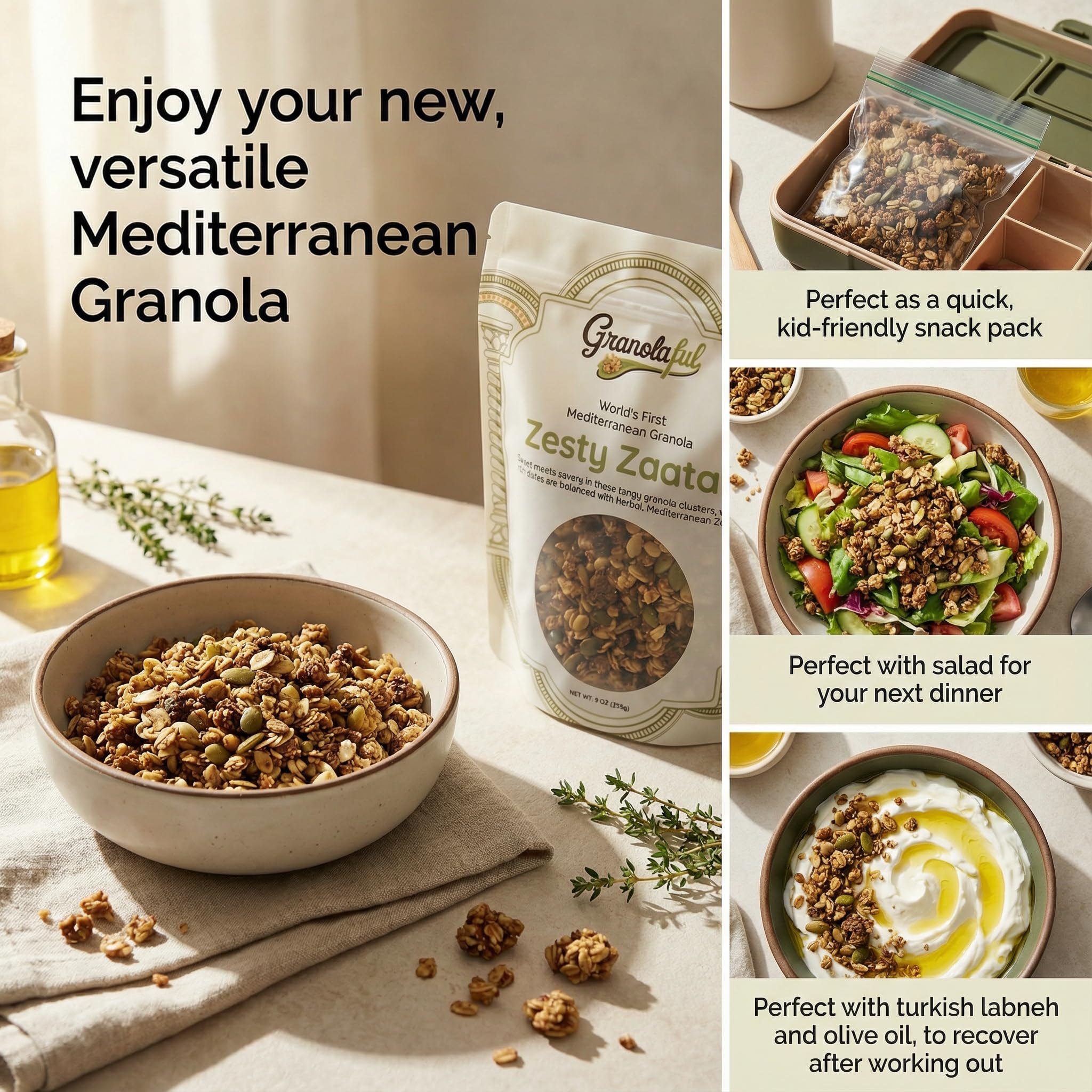 Granolaful Zesty Zaatar - Premium Loose Mini-Clusters with Zaatar, Chia Seeds, Nuts, Protein and Fiber | World's 1st Mediterranean Granola | Organic