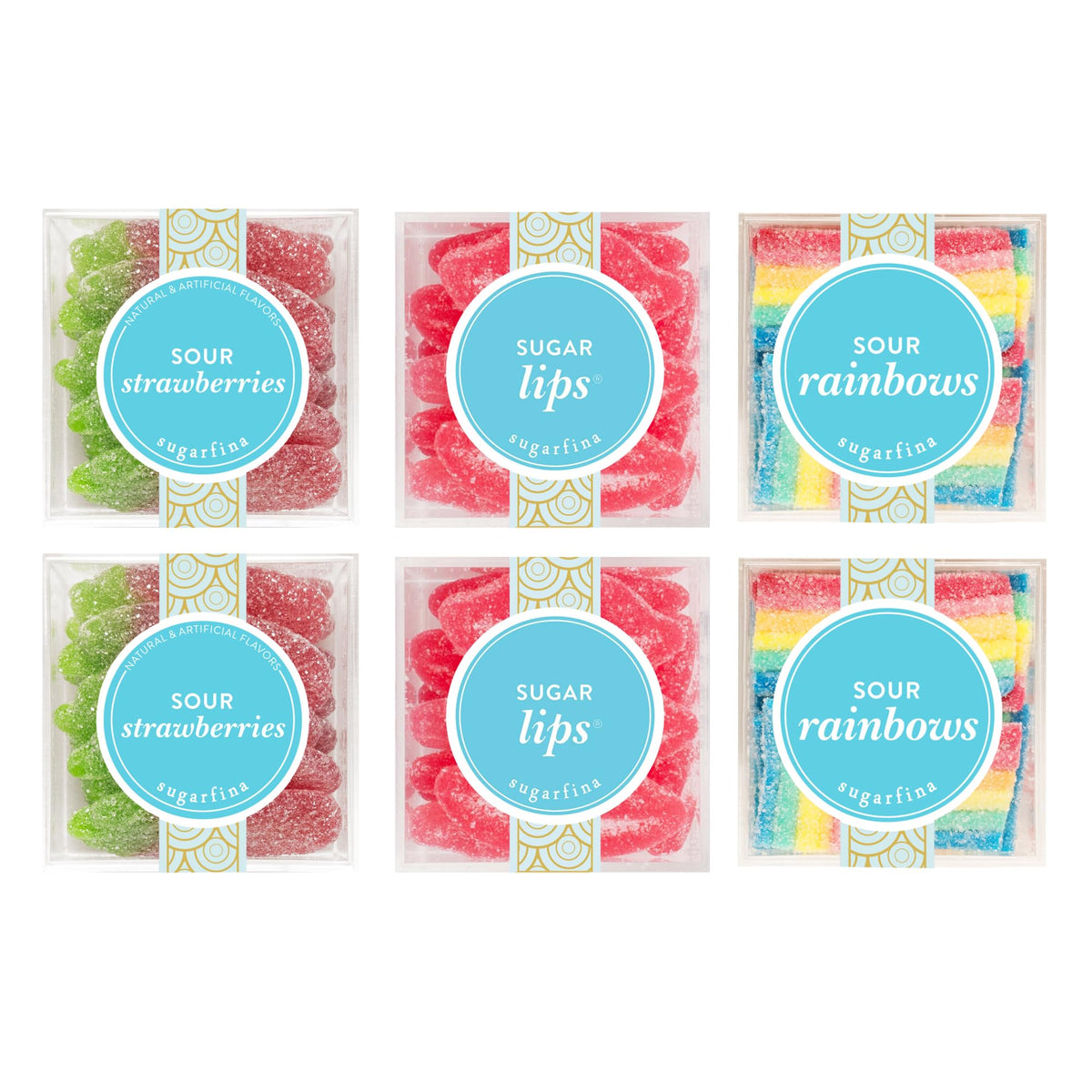 Sugarfina Sweet and Sour Gummies, Small Candy Cube, Pack of 6 | Sour Strawberries, Sugar Lips, Sour Rainbows