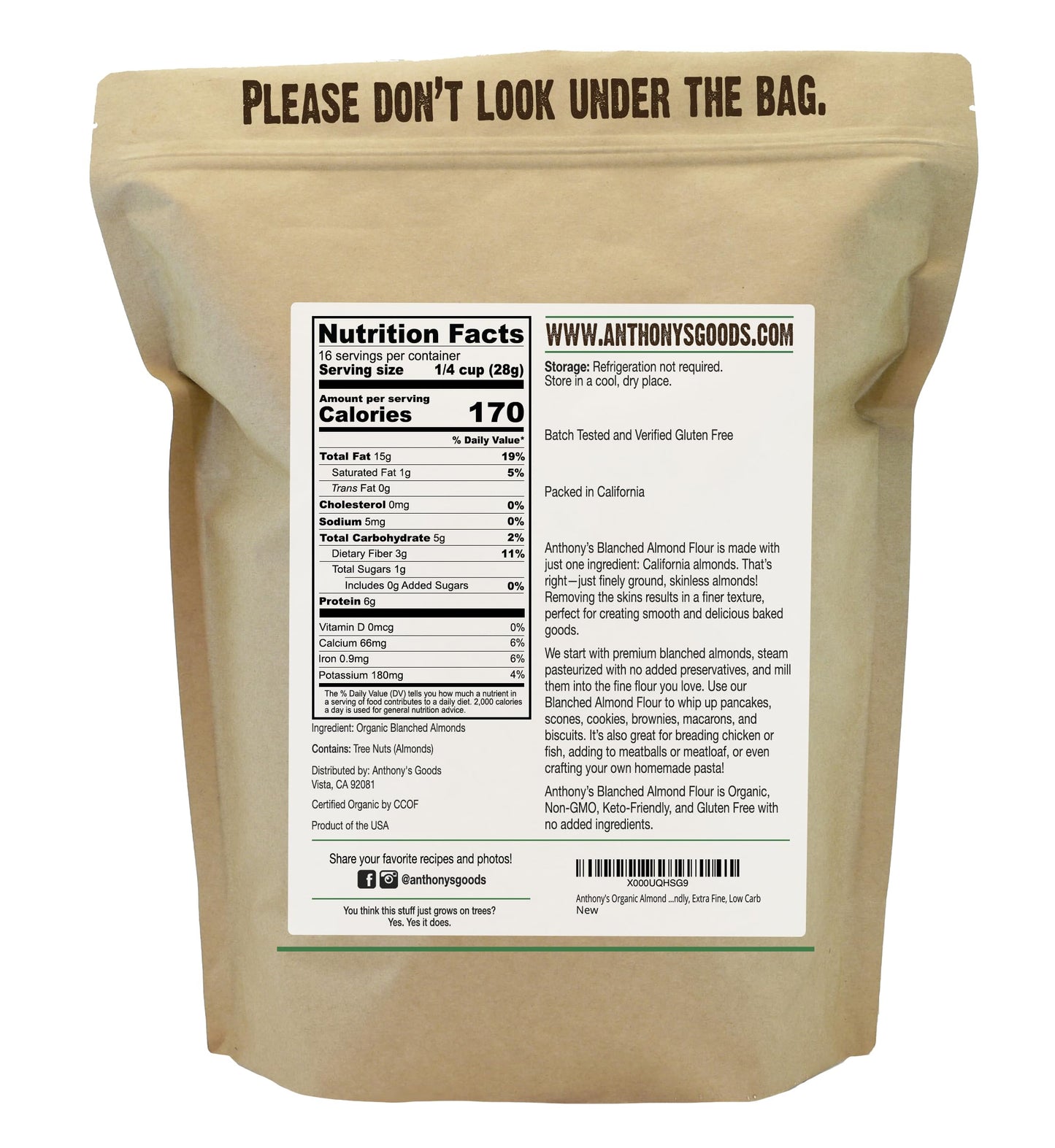 Anthony's Organic Almond Flour, 1 lb, Blanched, Gluten Free, Non GMO, Keto Friendly, Extra Fine, Low Carb