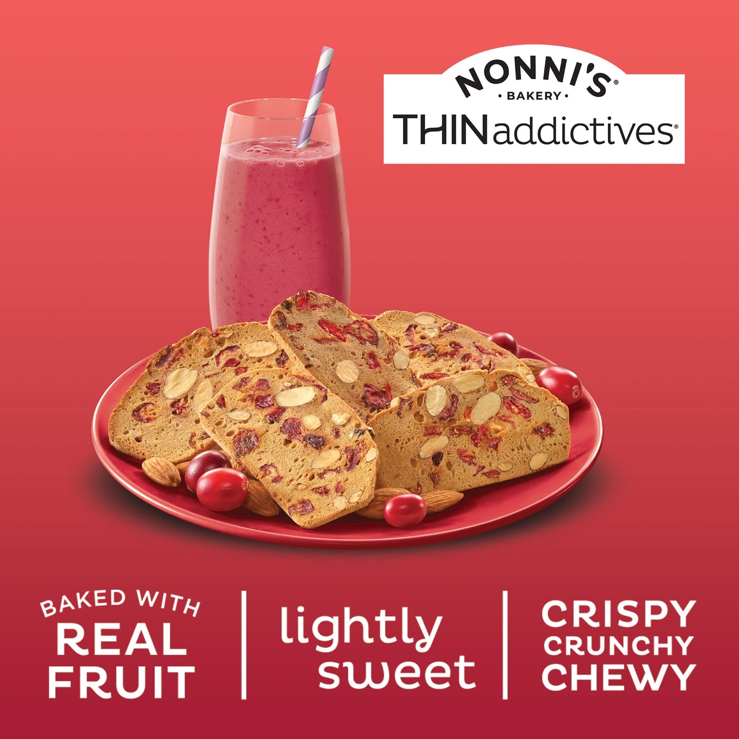 Nonni's THINaddictives Cranberry Almond Nut Cookies with Real Fruit, Sweet Crunchy & Chewy Crisps, 6 Boxes of 6 On-the-Go Packs (108 Cookies Total)