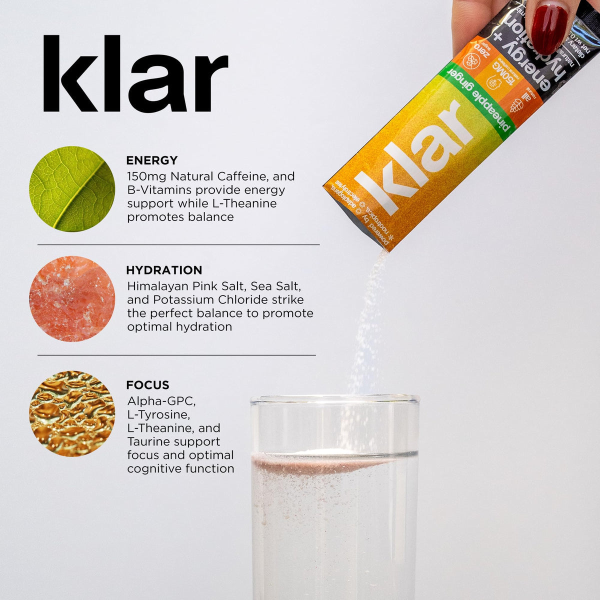 KLAR Energy + Hydration Drink Mix Pineapple Ginger Flavor. Sugar Free Electrolyte Powder, Natural Caffeine, Nootropics and B Vitamins, Energy Drink