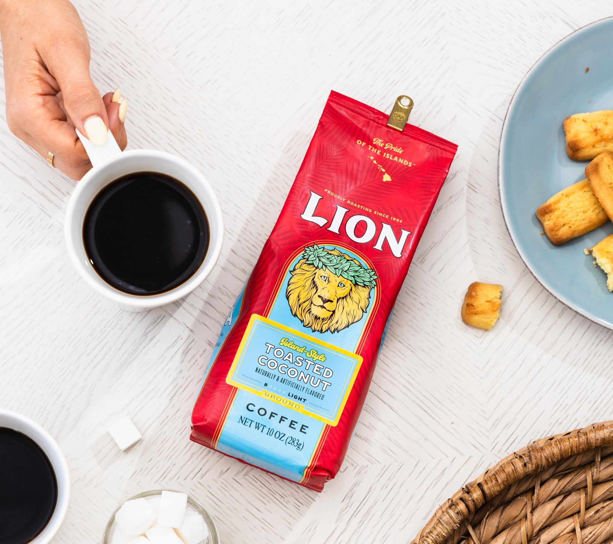 Lion Coffee 3-Pack Toasted Coconut Flavored Light Roast Ground Coffee, A Taste of Aloha - 10 Ounce Bags (Pack of Three)