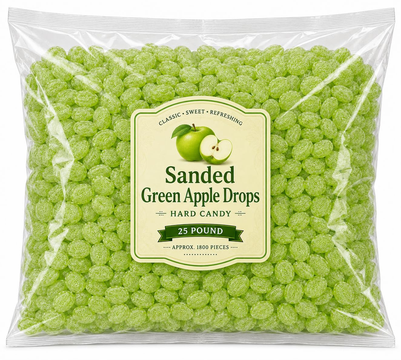 Sanded Green Apple Hard Candy, Tart Fruit Flavor - 25 lb (Approx. 2,250 pieces)