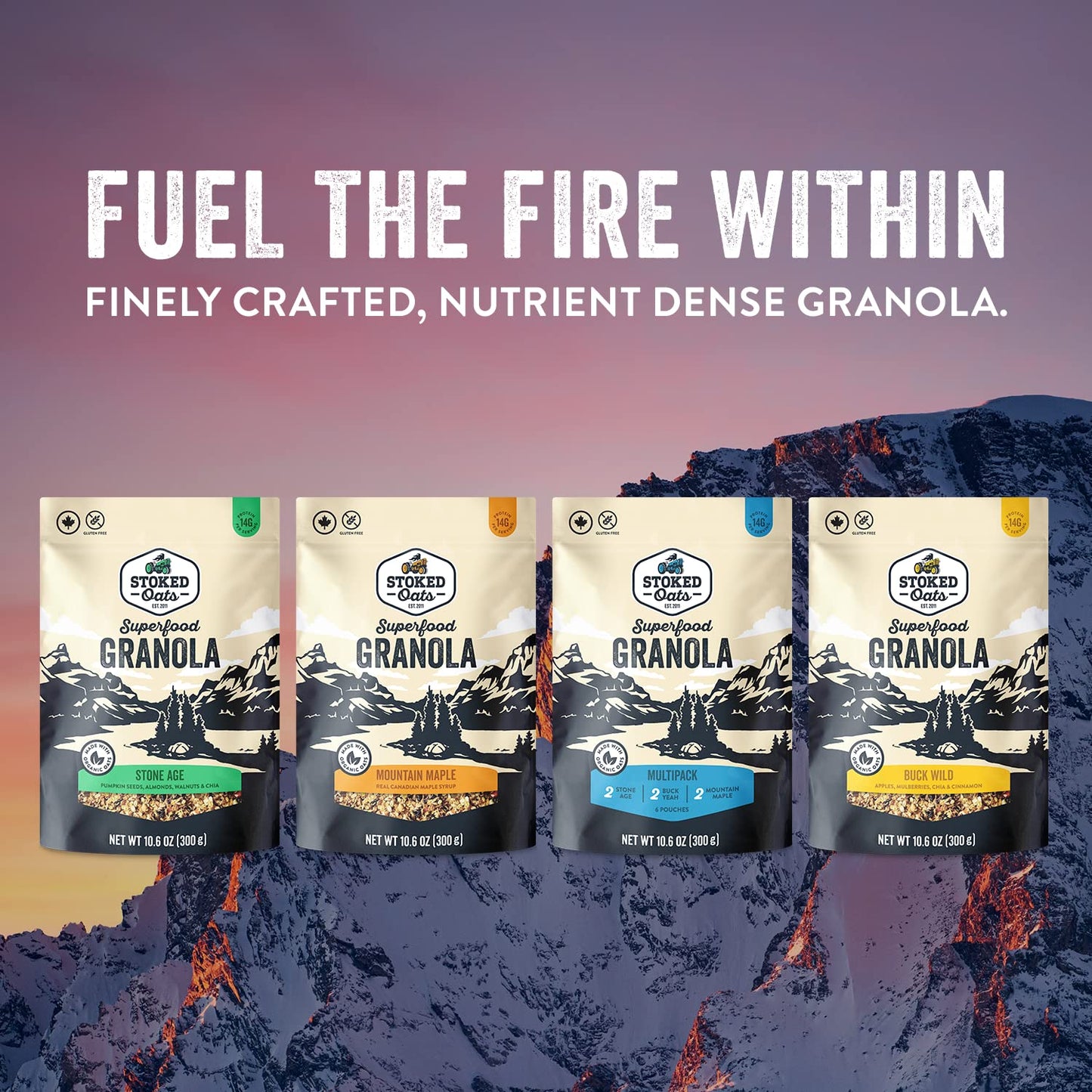 Stoked Oats Granola - Variety Pack (3 Pack), High Protein, Less Sugar, Superfood Breakfast - Gluten Free, High Fibre, Non GMO (10.6oz per box)