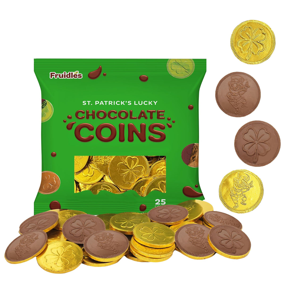 St. Patrick's Day Milk Chocolate Gold Coins 25 Coins, Shamrock & Leprechaun Themed Coins, Parties, Events and Celebrations, Perfect for Gift Bags