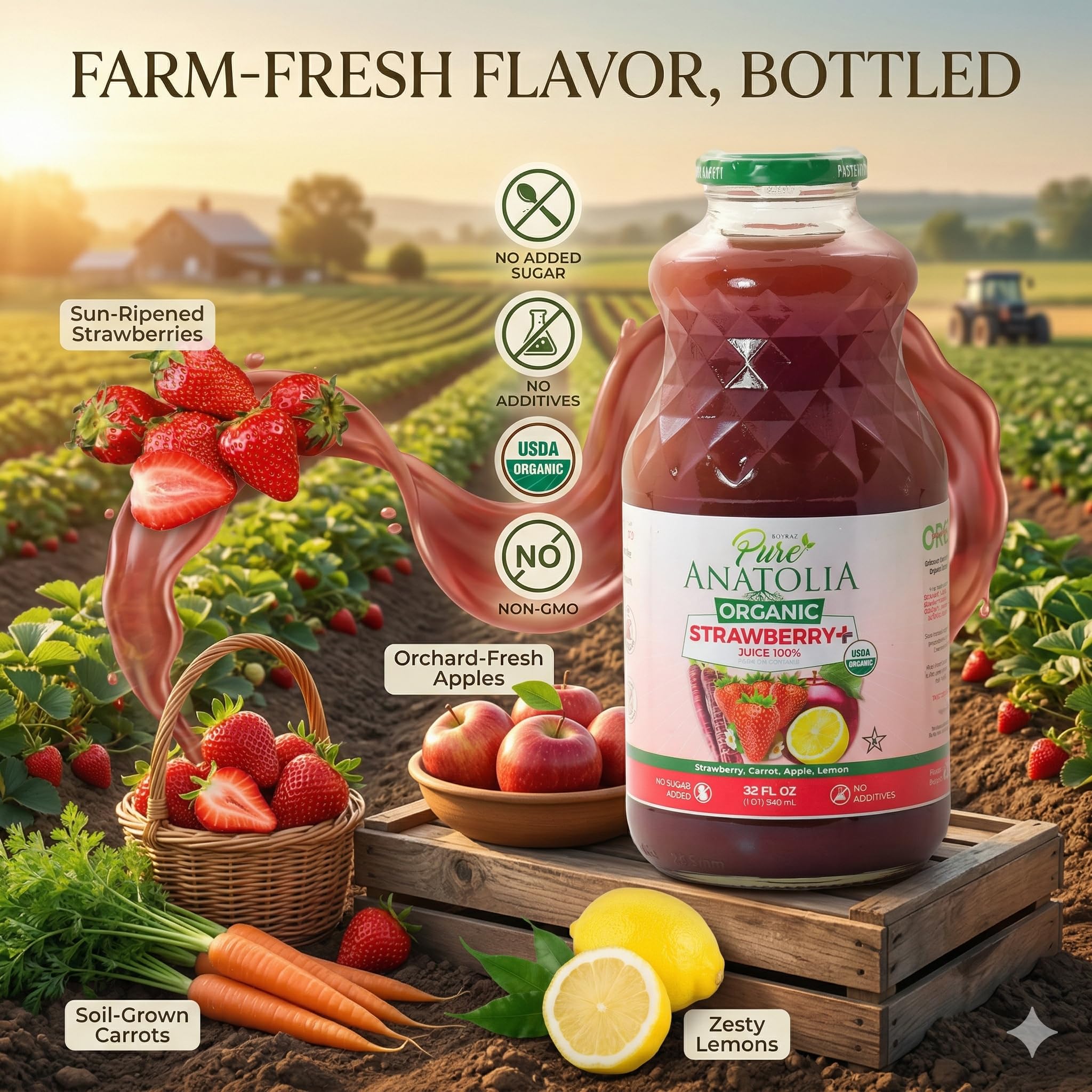 Pure Anatolia Organic Strawberry Juice Detox Blend 32 fl oz - Natural Juice with Apple, Lemon & Carrot - Organic Drink With No Preservatives and Sugar