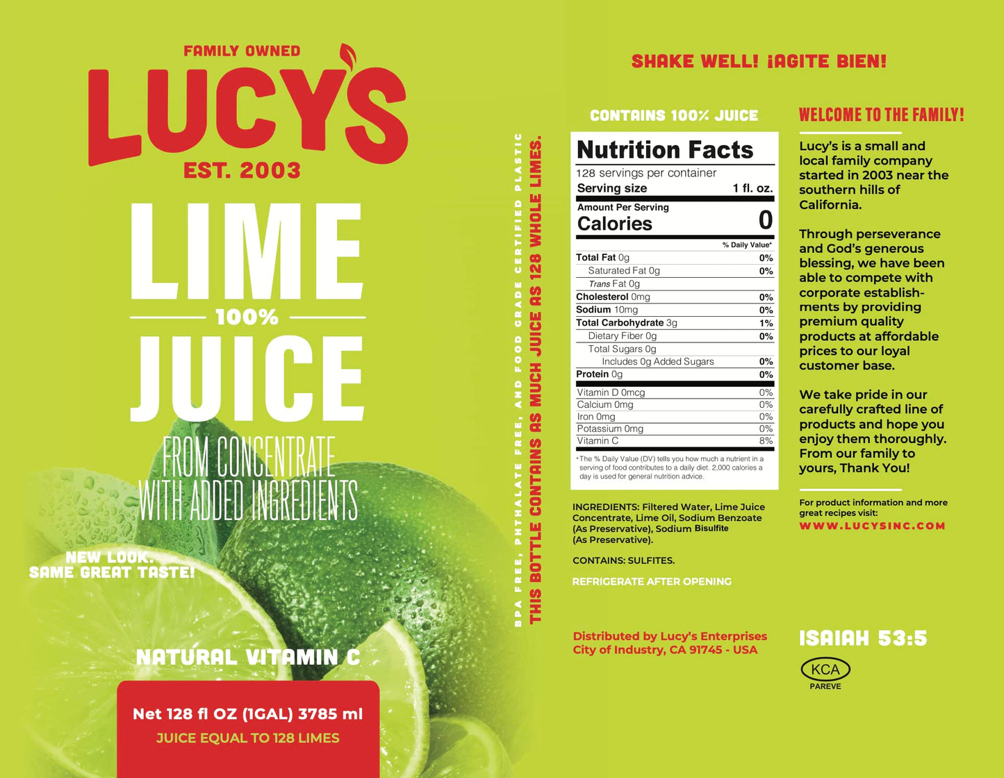 Lucy’s Family Owned - 100% Lime Juice Gallon 128fl oz.