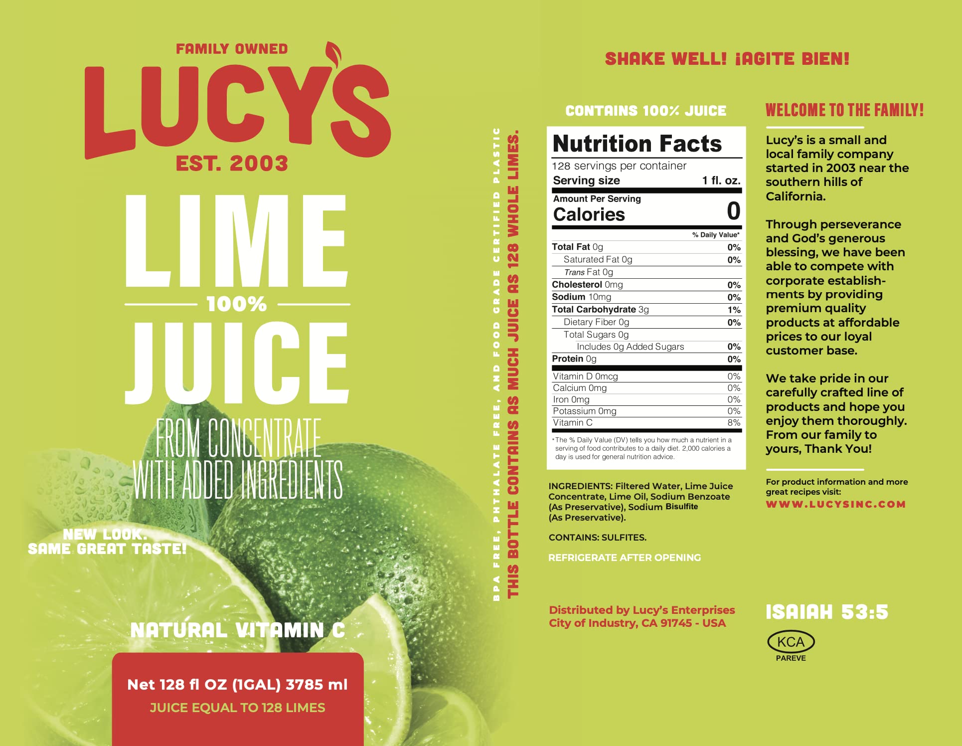 Lucy’s Family Owned - 100% Lime Juice Gallon 128fl oz.