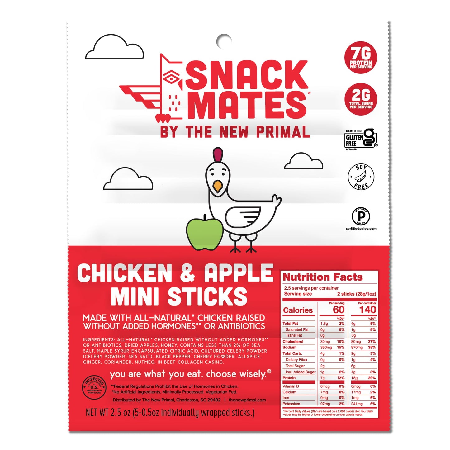 The New Primal Snack Mates, Chicken and Apple Stick - All Natural Chicken, High Protein and Low Sugar Kids Snack, Certified Paleo, Gluten Free