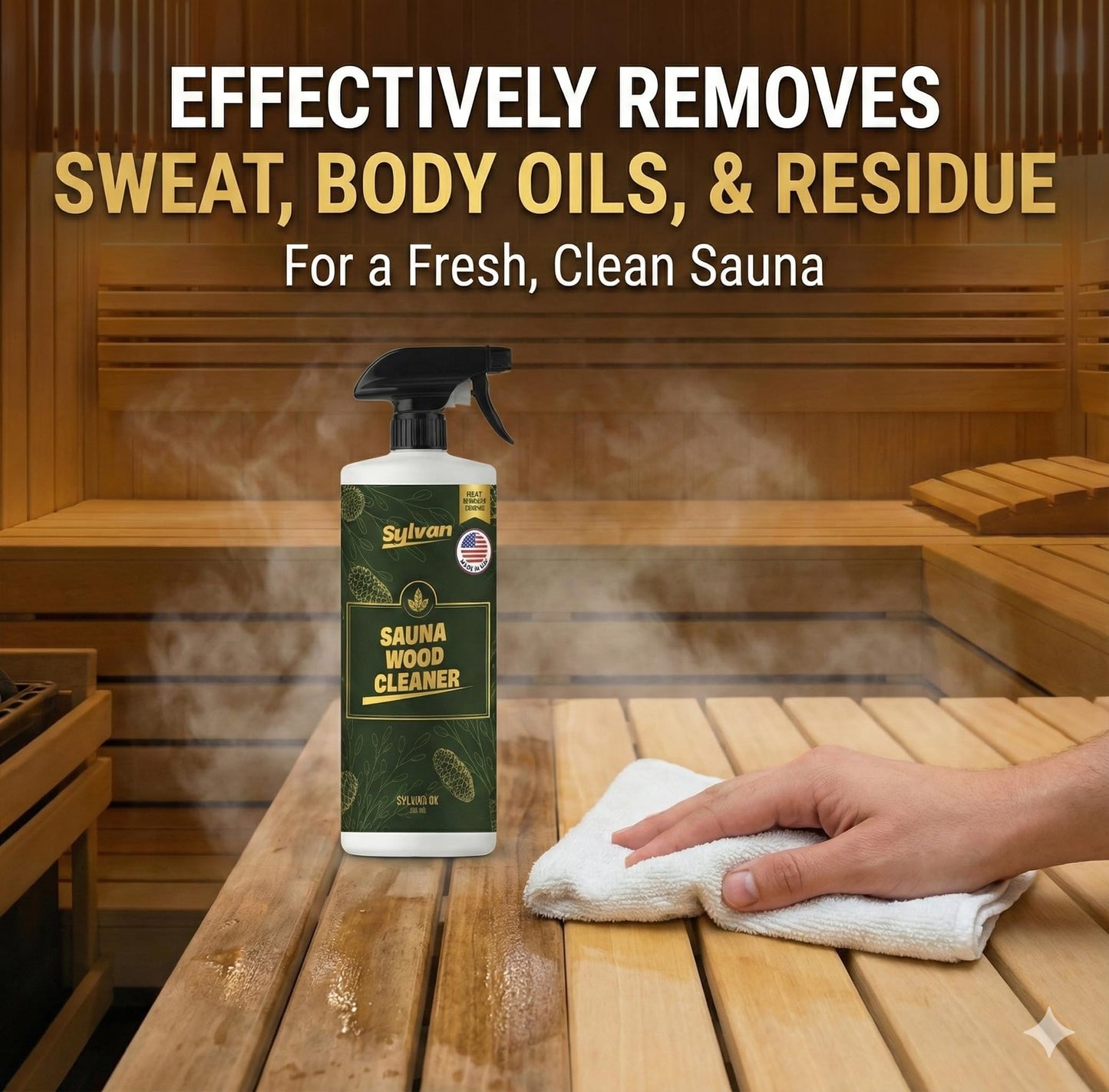 Sylvan Hills Sauna Wood Cleaner 32 oz | Made in the USA | Sauna Spray removes Stains, Sweat & Odors | Fast-Drying & Streak-Free Formula | Natural Wood