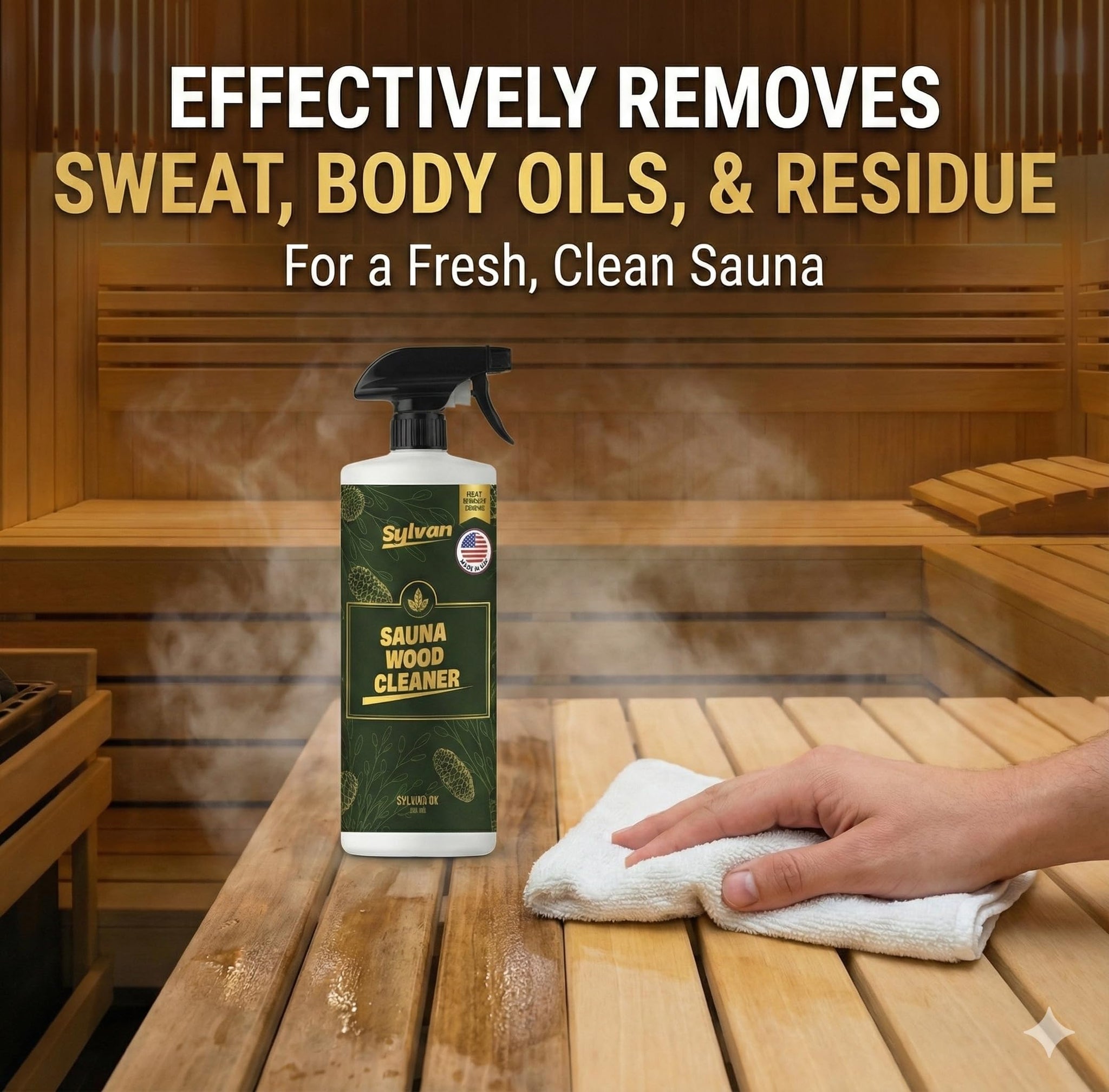 Sylvan Hills Sauna Wood Cleaner 32 oz | Made in the USA | Sauna Spray removes Stains, Sweat & Odors | Fast-Drying & Streak-Free Formula | Natural Wood