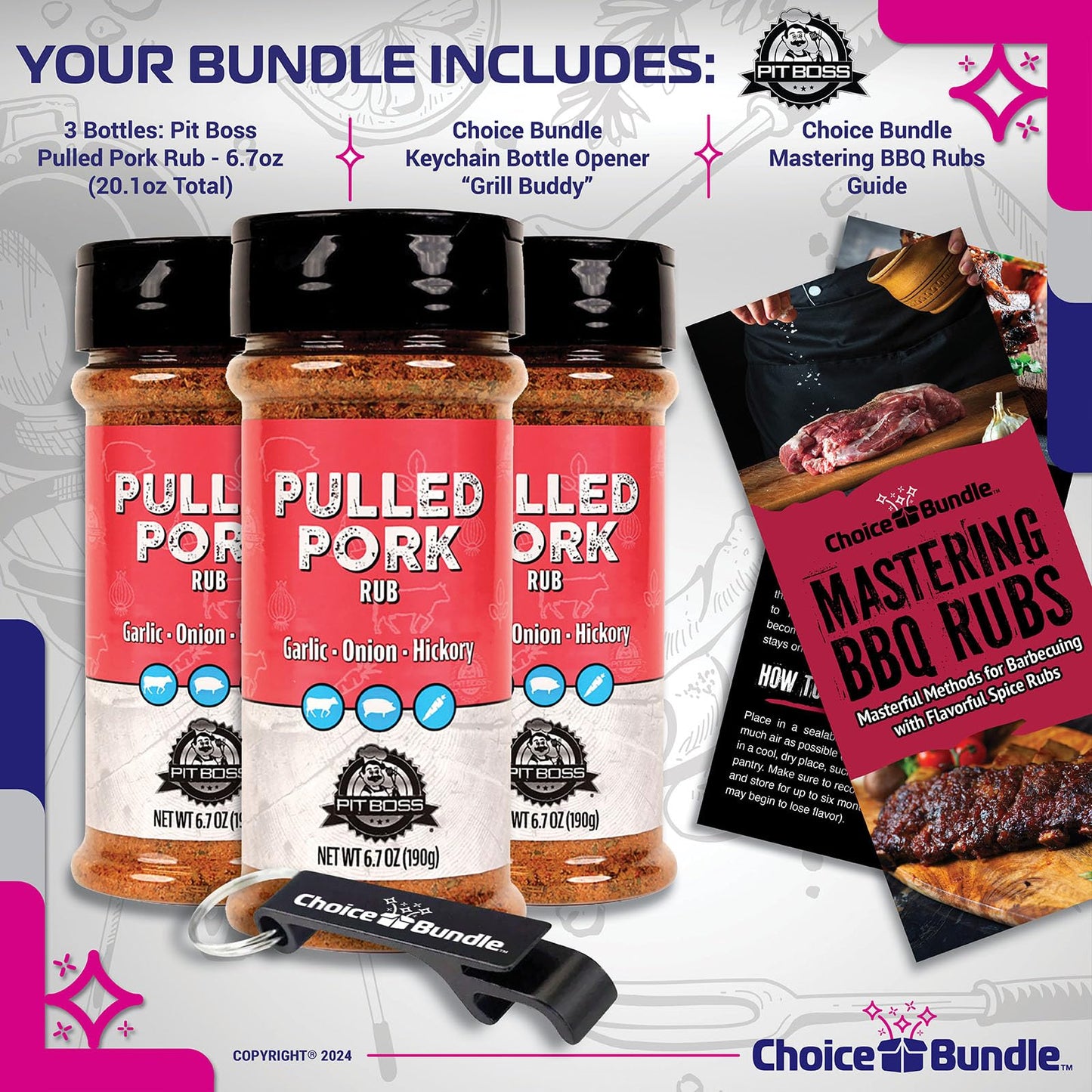Pit Boss Pulled Pork Premium BBQ Barbecue Mixed Seasoning Spice & Rub 3 pk Choice Bundle (20.1 oz) + Guide & Keychain Bottle Opener (5 Items)!