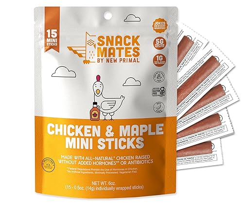 The New Primal Snack Mates Chicken & Maple Sticks, Gluten Free Healthy Snacks for Kids, Low Sugar High Protein Back to School Snacks, Mini Paleo Jerky