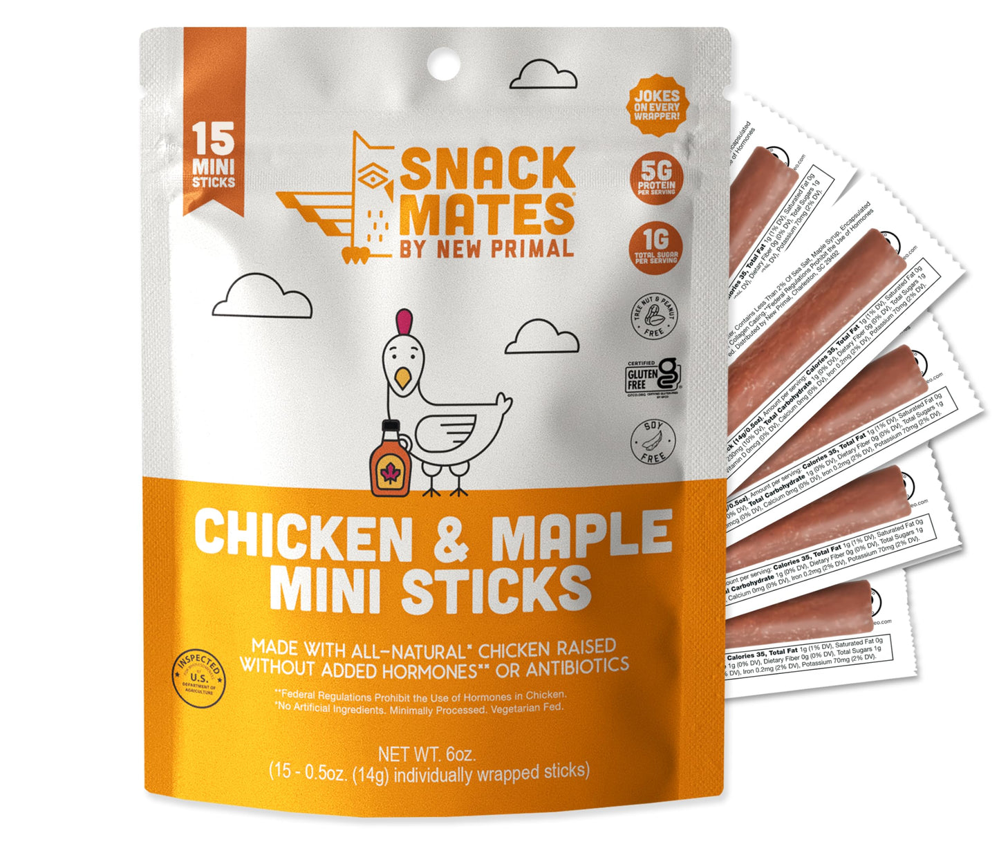 The New Primal Snack Mates Chicken & Maple Sticks, Gluten Free Healthy Snacks for Kids, Low Sugar High Protein Back to School Snacks, Mini Paleo Jerky