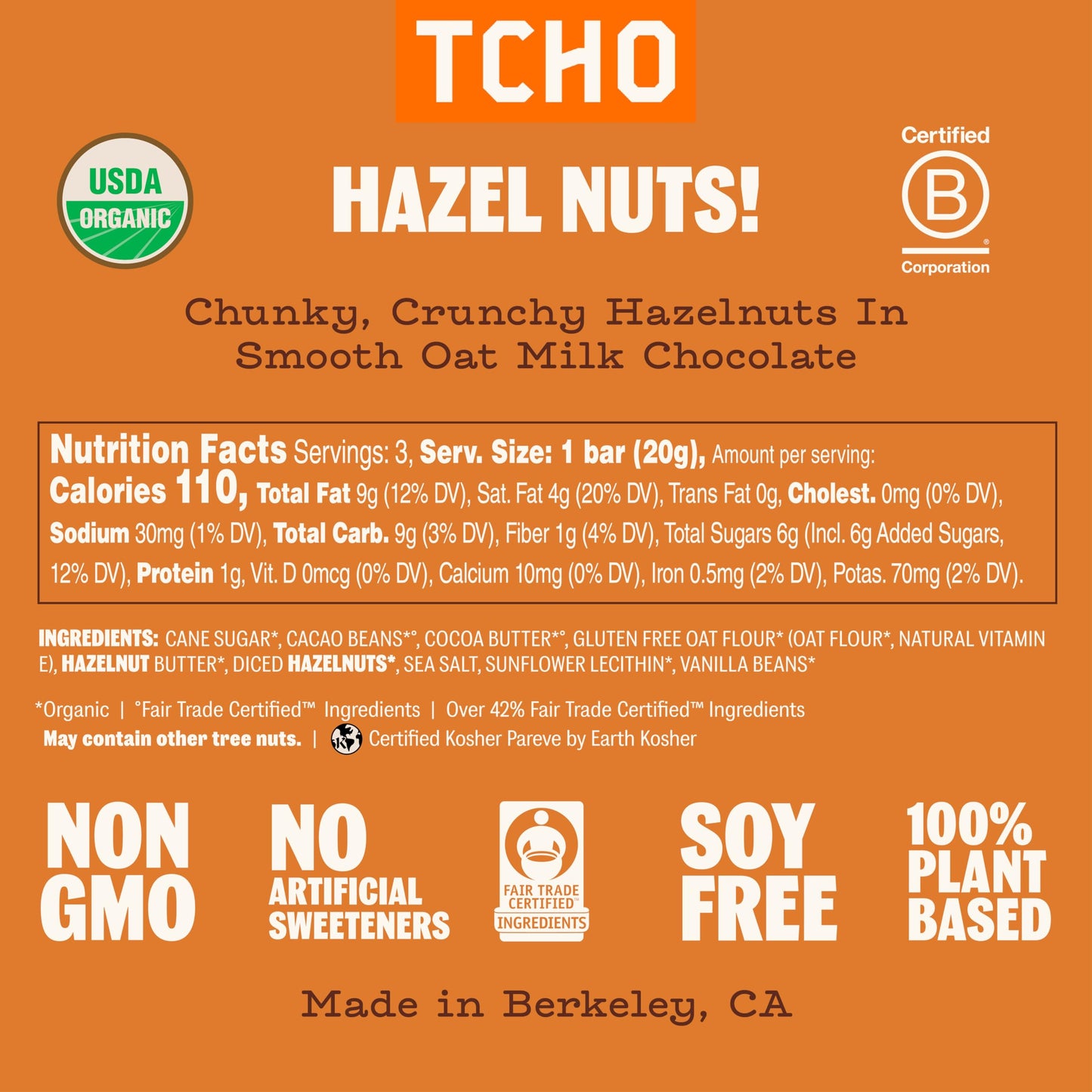 TCHO Hazel Nuts! Oat-Milk Chocolate Bars (5 pack) | Plant Based, Organic & Fair Trade | Non GMO, Non-Dairy, Vegan, Soy Free (2.1oz each)