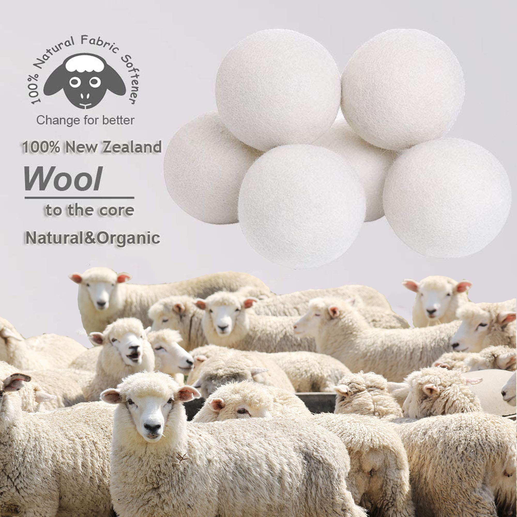 Budieggs Wool Dryer Balls Organic XL 6-Pack, 100% New Zealand Wool Chemical Free Fabric Softener for 1000+ Loads, Baby Safe & Hypoallergenic, Fabrics