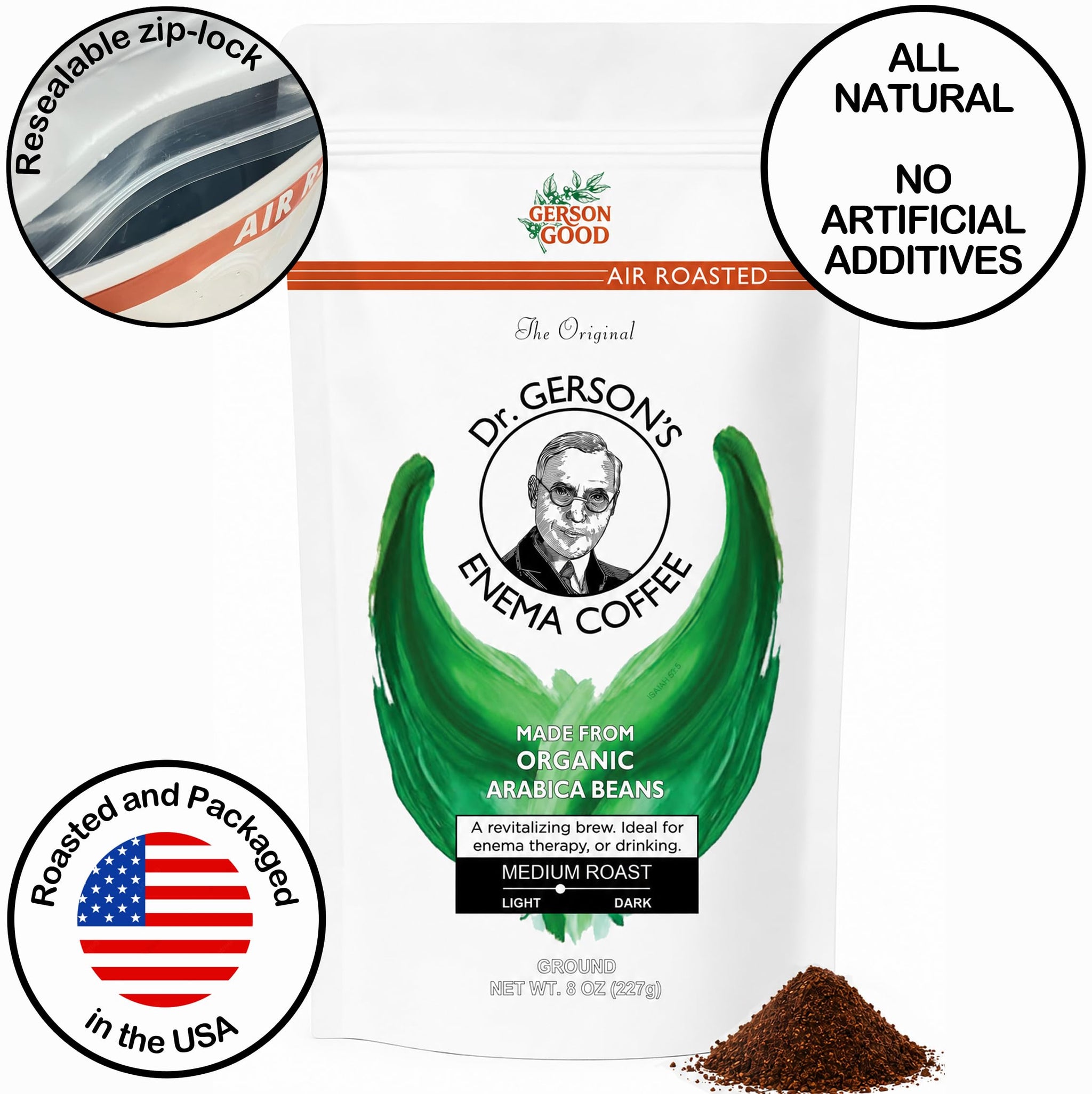 Dr. Gerson's Enema Coffee, Organic Air-Roasted Ground Arabica Beans, Medium Roast (8 oz (.5 lb) bag), Drinkable