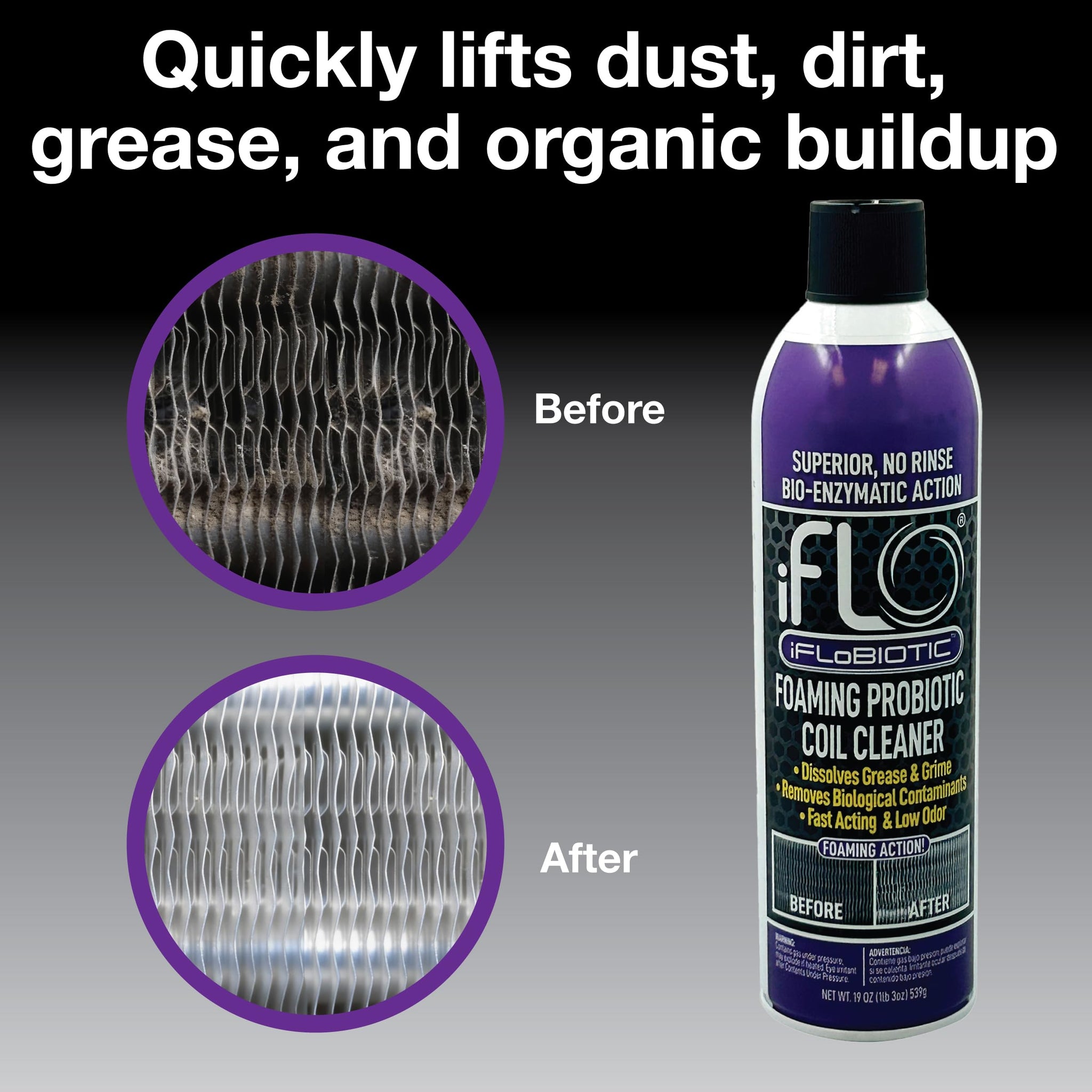 iFLO® iFLOBiotic Foaming Probiotic Coil Cleaner, No-Rinse A/C Cleaner Foam Spray for HVAC Evaporator & Condenser Units, Concentrated Coil Spray