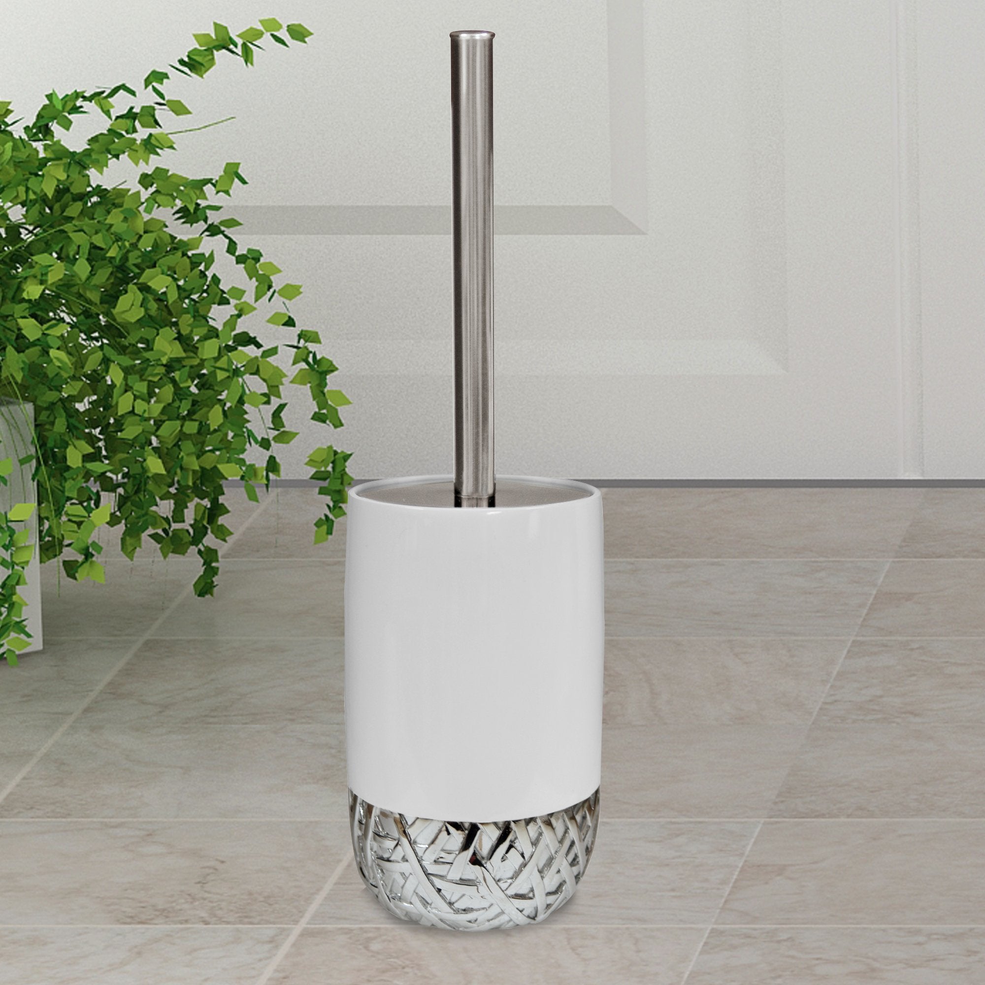 nu steel Bali White Round Shape Resin Toilet Brush Holder for Bathroom Whiter Color Finish Comes with a Complete Plastic Liner Inside to Prevent