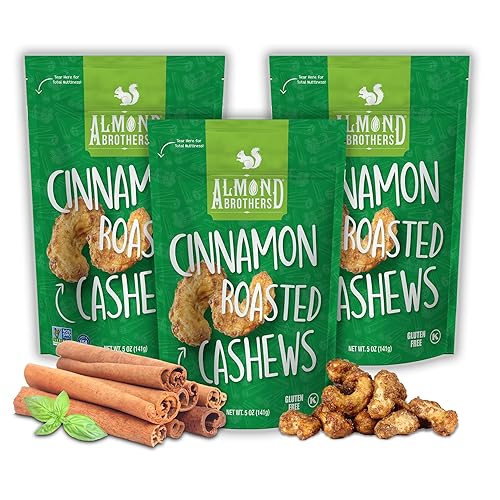 Almond Brothers Roasted Cashews - Pack of 3, 5 oz Hand Crafted Cinnamon Glazed Roasted Cashews, Gluten-Free, Non-GMO
