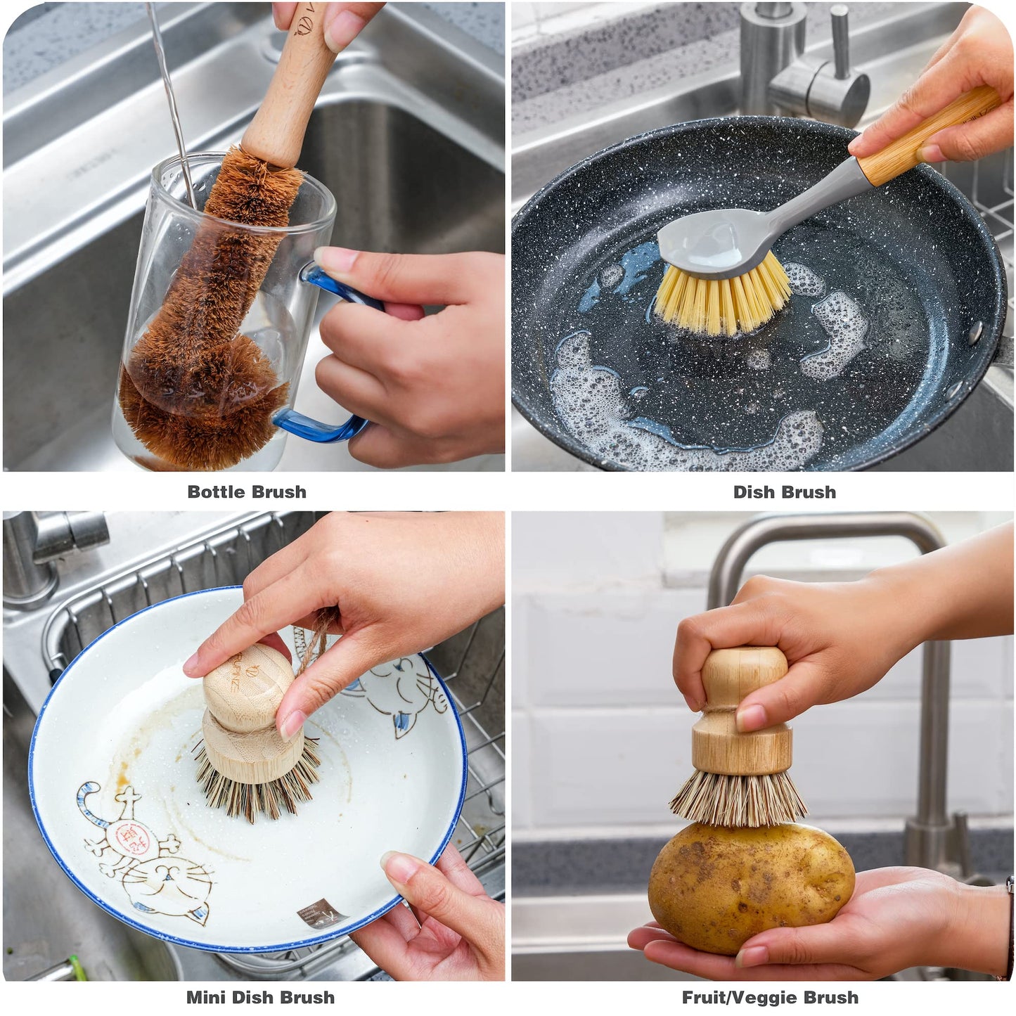 VRUPINZE Natural Bamboo Dish Brush Bottle Scrub Brush 4-Piece Set, with Ceramic Soap Dispenser - Wooden Washing Up Brushes with Sturdy Handles