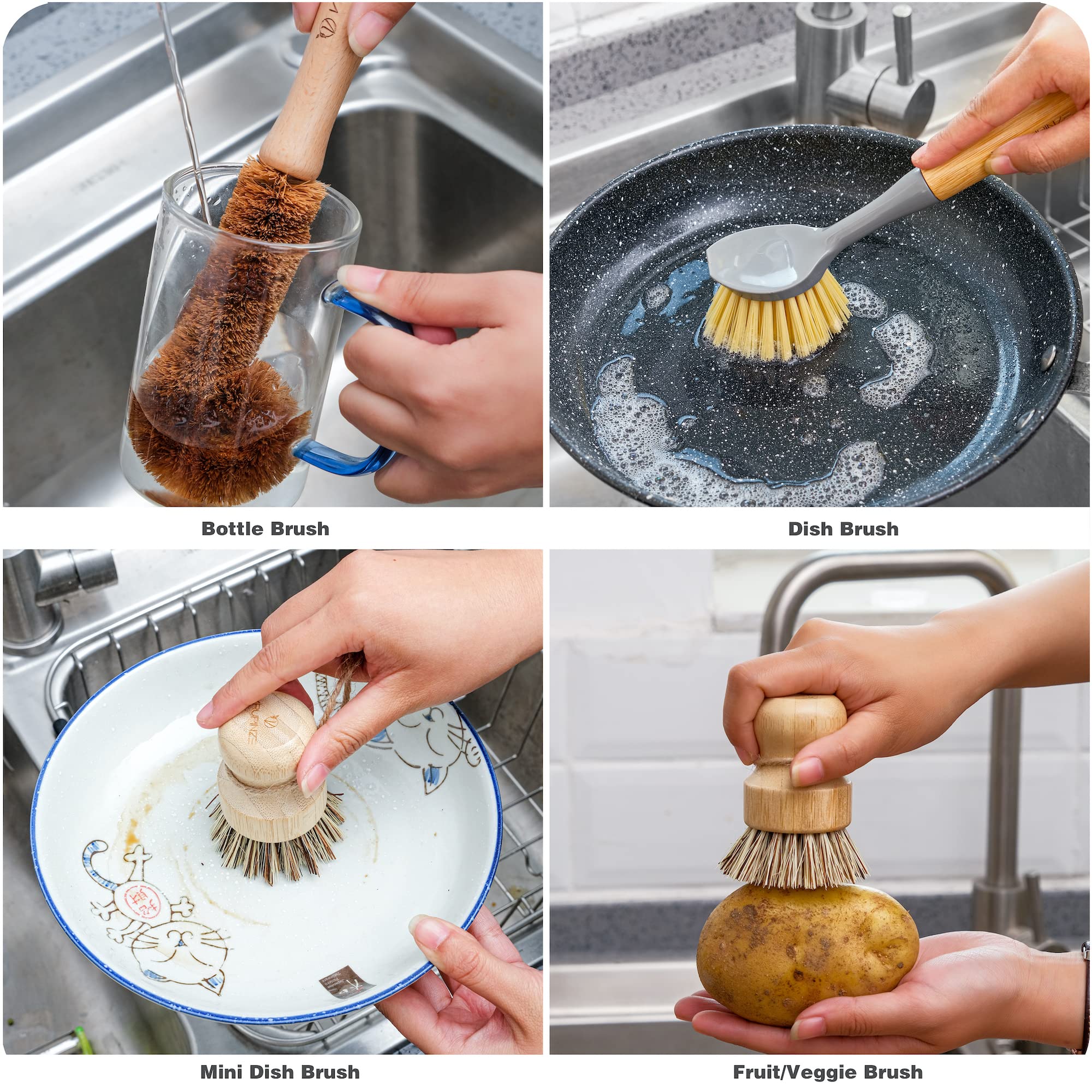 VRUPINZE Natural Bamboo Dish Brush Bottle Scrub Brush 4-Piece Set, with Ceramic Soap Dispenser - Wooden Washing Up Brushes with Sturdy Handles