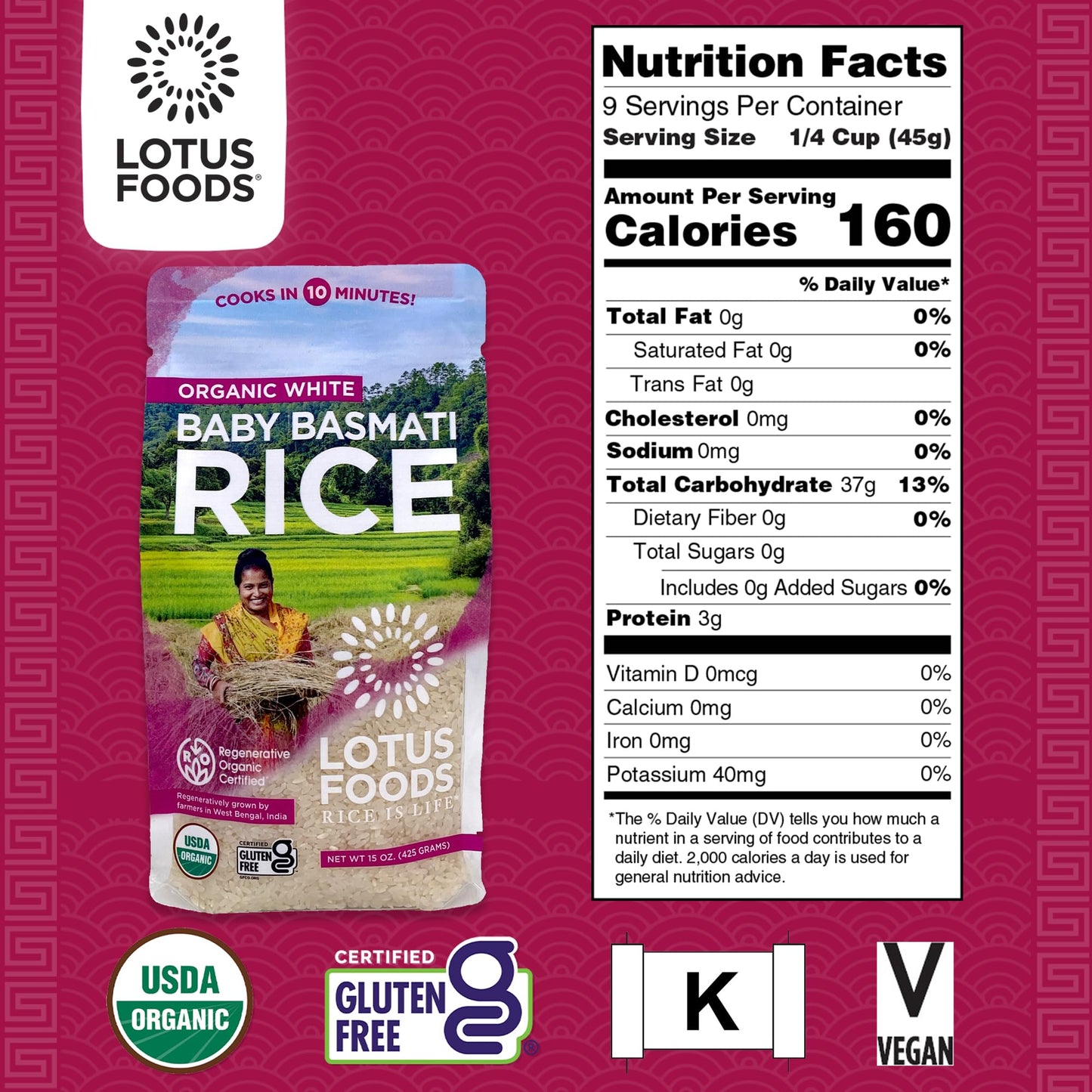 Lotus Foods Organic Baby Basmati Rice - Gluten Free Heirloom White Rice in Bag, Quick 10 min Cook, GF, USDA Organic - 15 Oz Bag