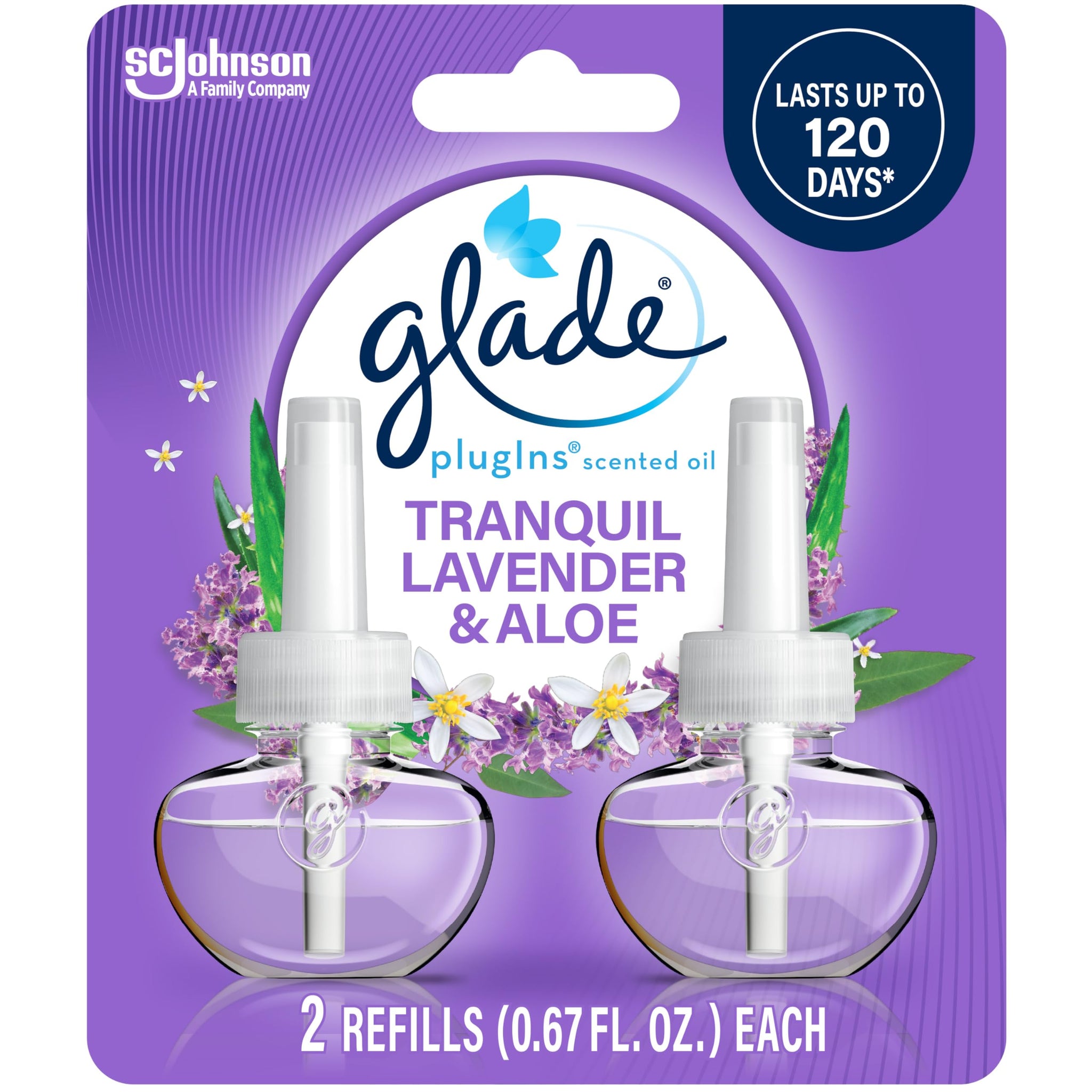Glade PlugIns Refills Air Freshener, Scented and Essential Oils for Home and Bathroom, Tranquil Lavender & Aloe, 1.34 Fl Oz, 2 Count